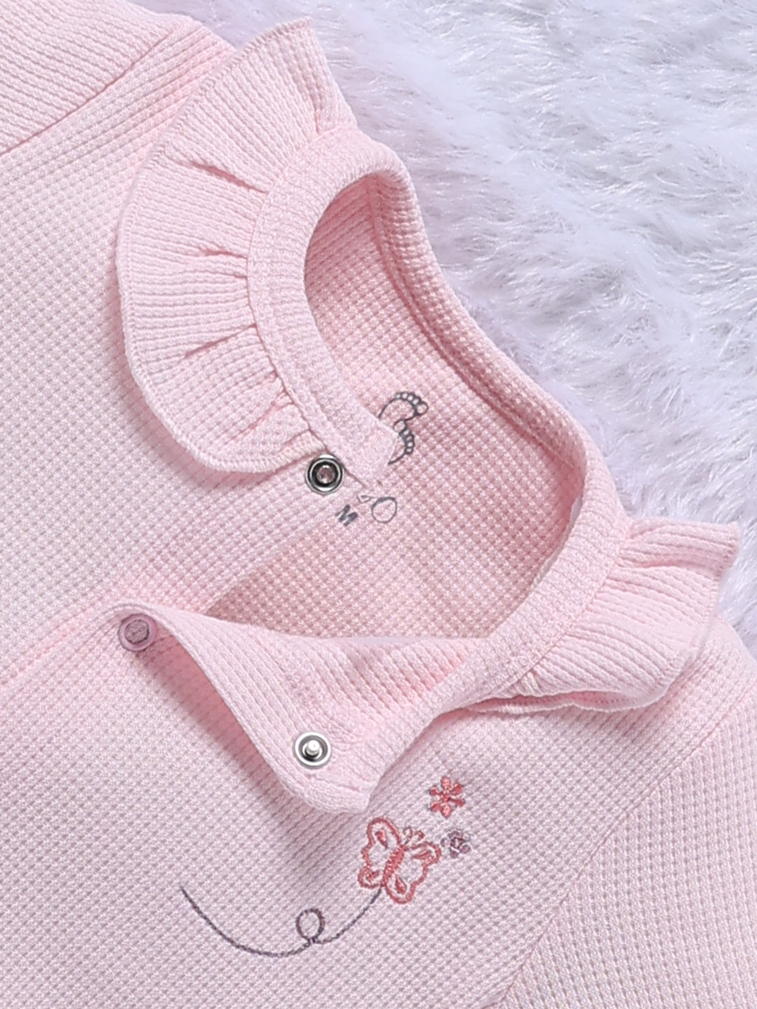 Top & Bottom for Girls - Baby Pink Butterfly Embroidered Waffle Top & Printed Trousers Set