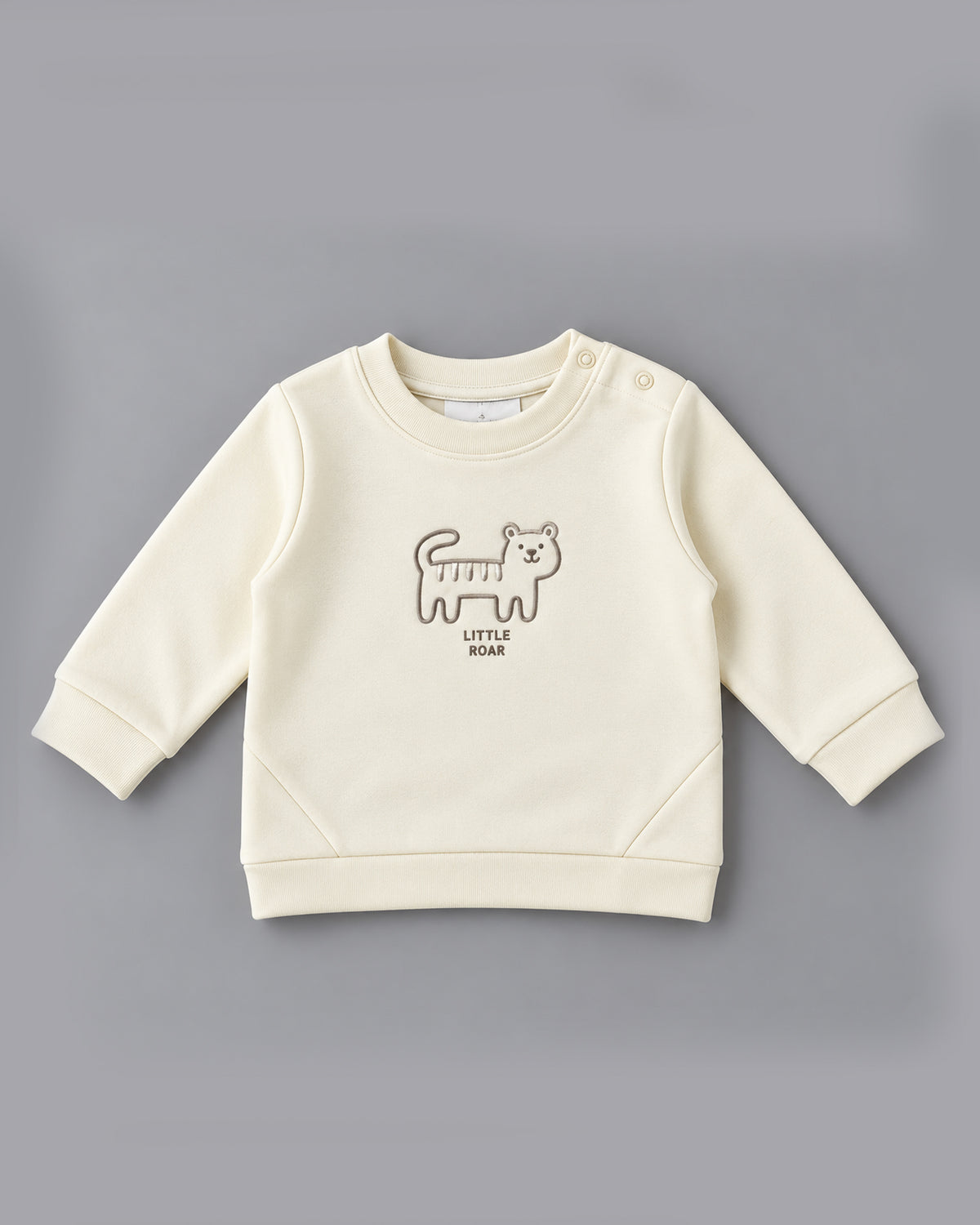 Little Roar Animal Printed Fleece-Lined Knee-Patched Full Sleeve Top and Bottom for Boys - Off-White & Beige