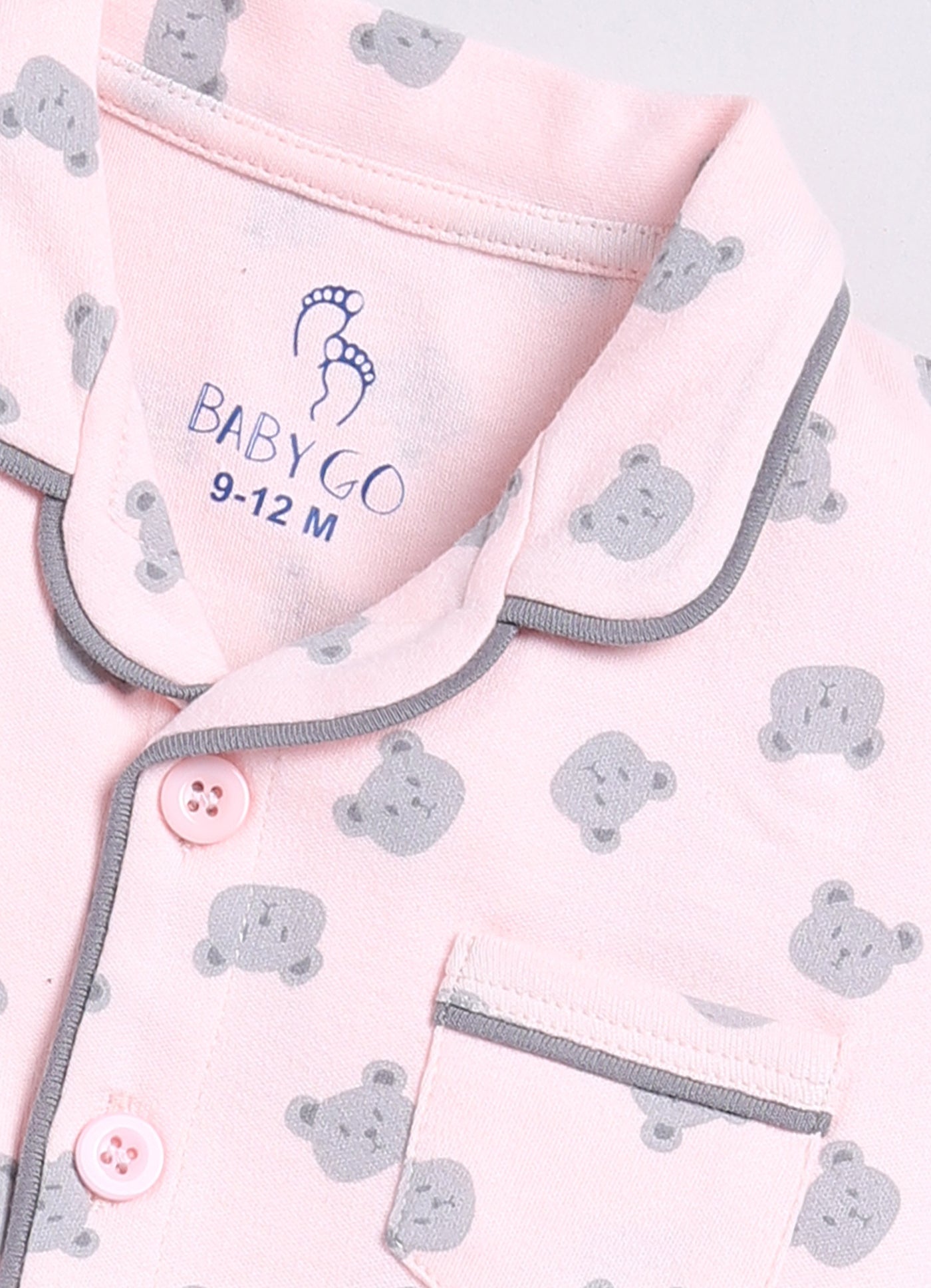 Bear Printed Baby Girl Half Sleeves Night Suit-PINK