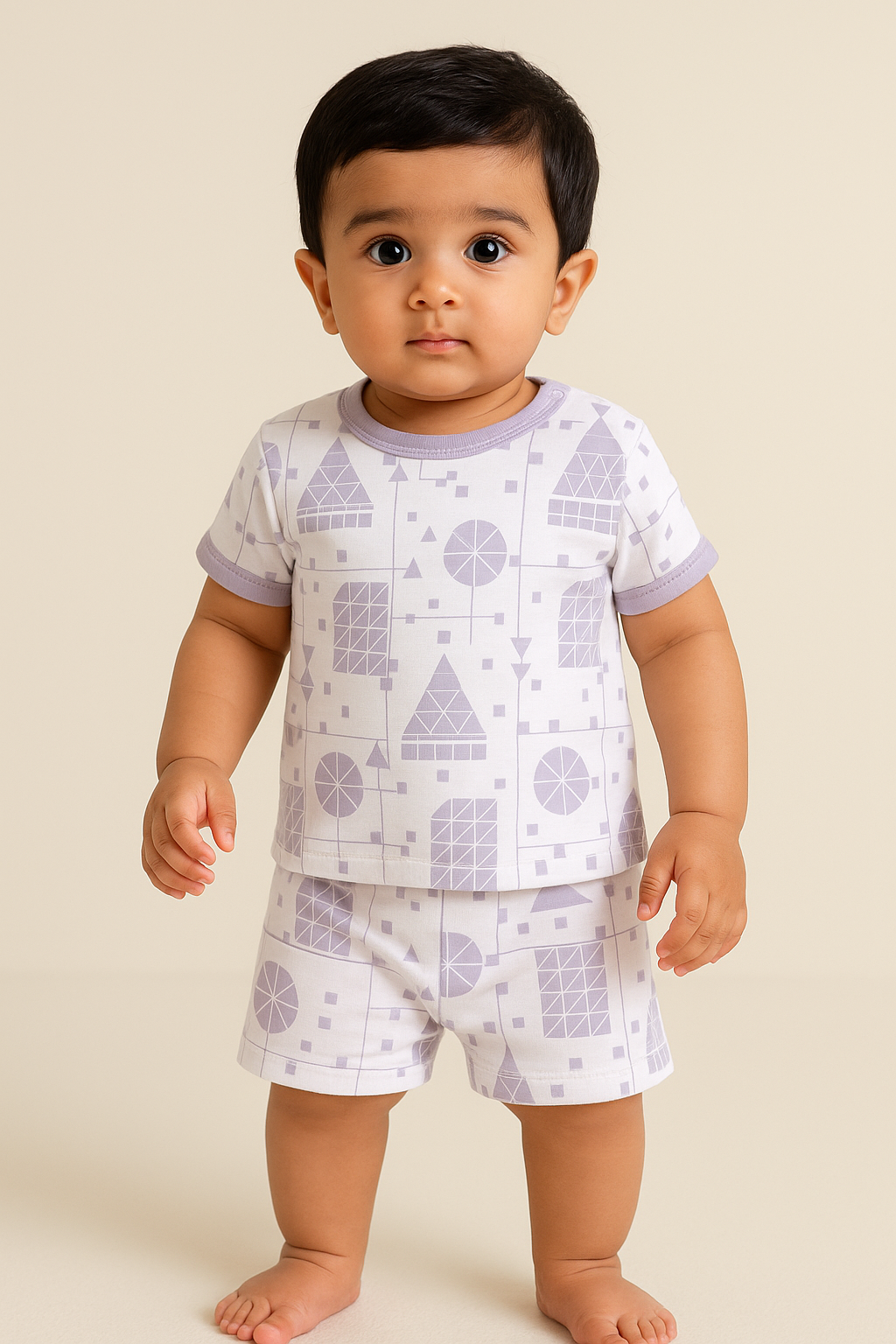 Half Sleeve Top & Bottom for Boys - Off-White & Tan