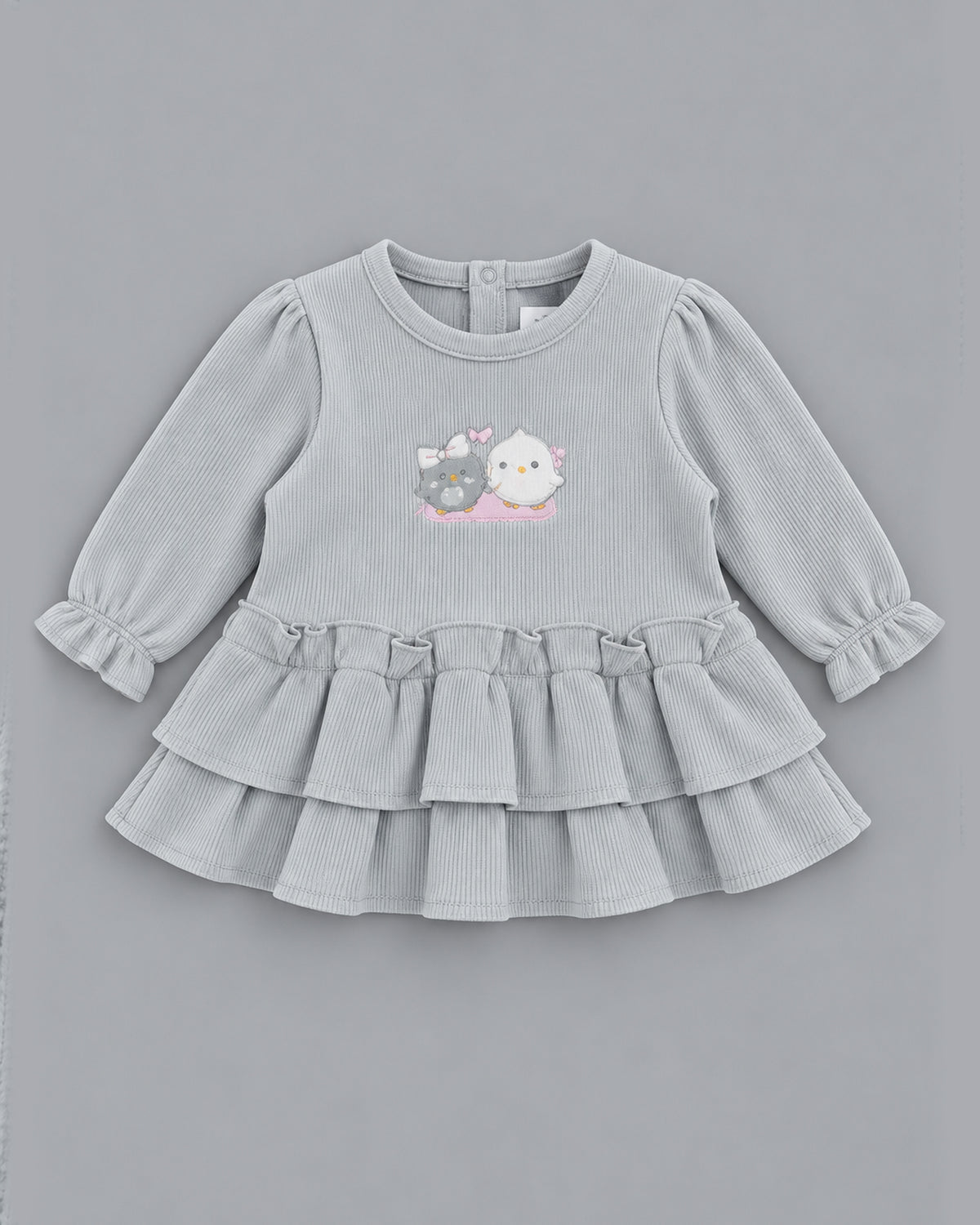Charming Chicks Tiered Ruffled Ribbed Full Sleeve Top and Bottom for Girls - Light Grey & White