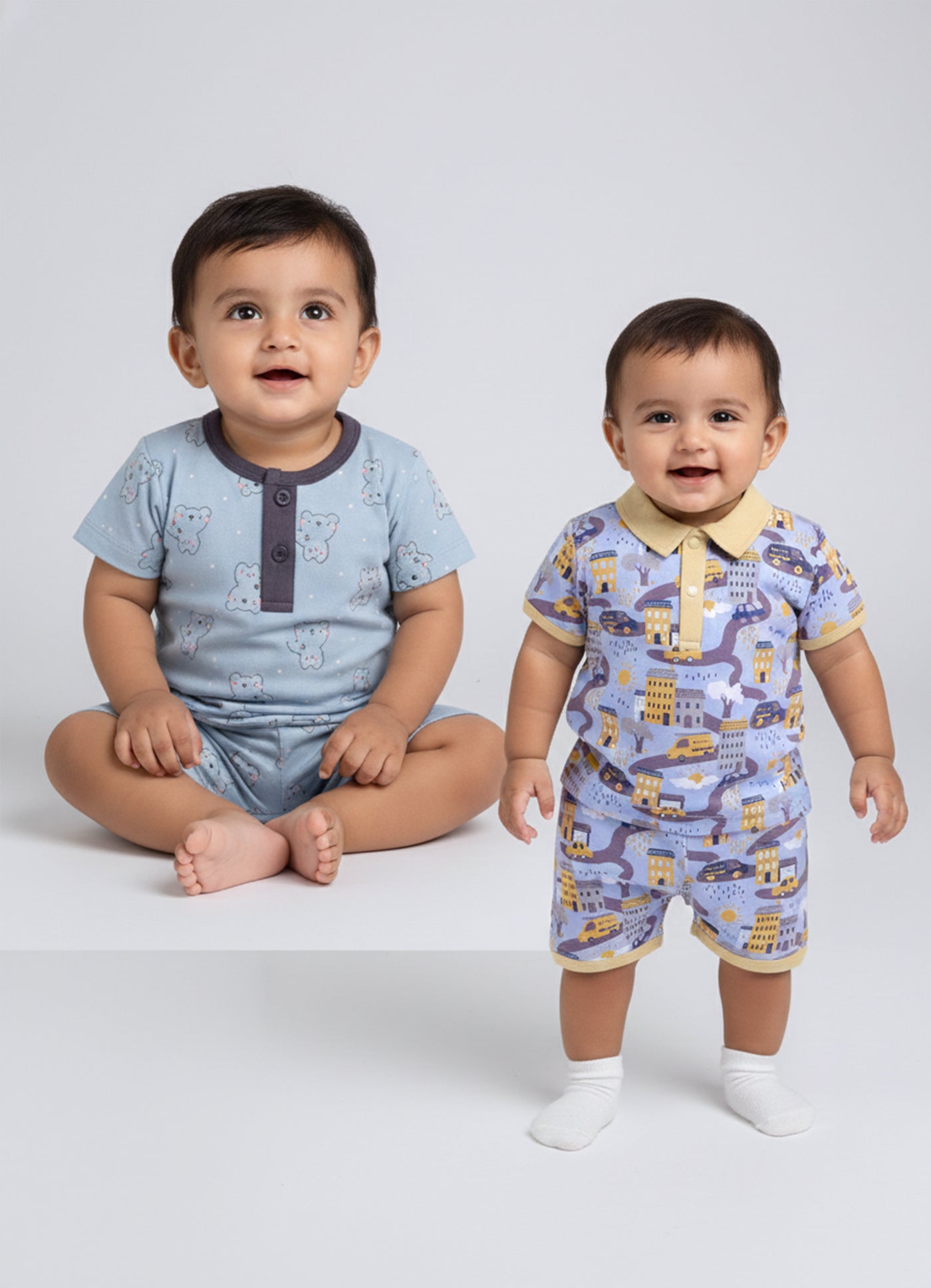 Half Sleeve Top & Bottom for Boys - Slate Grey & Yellow