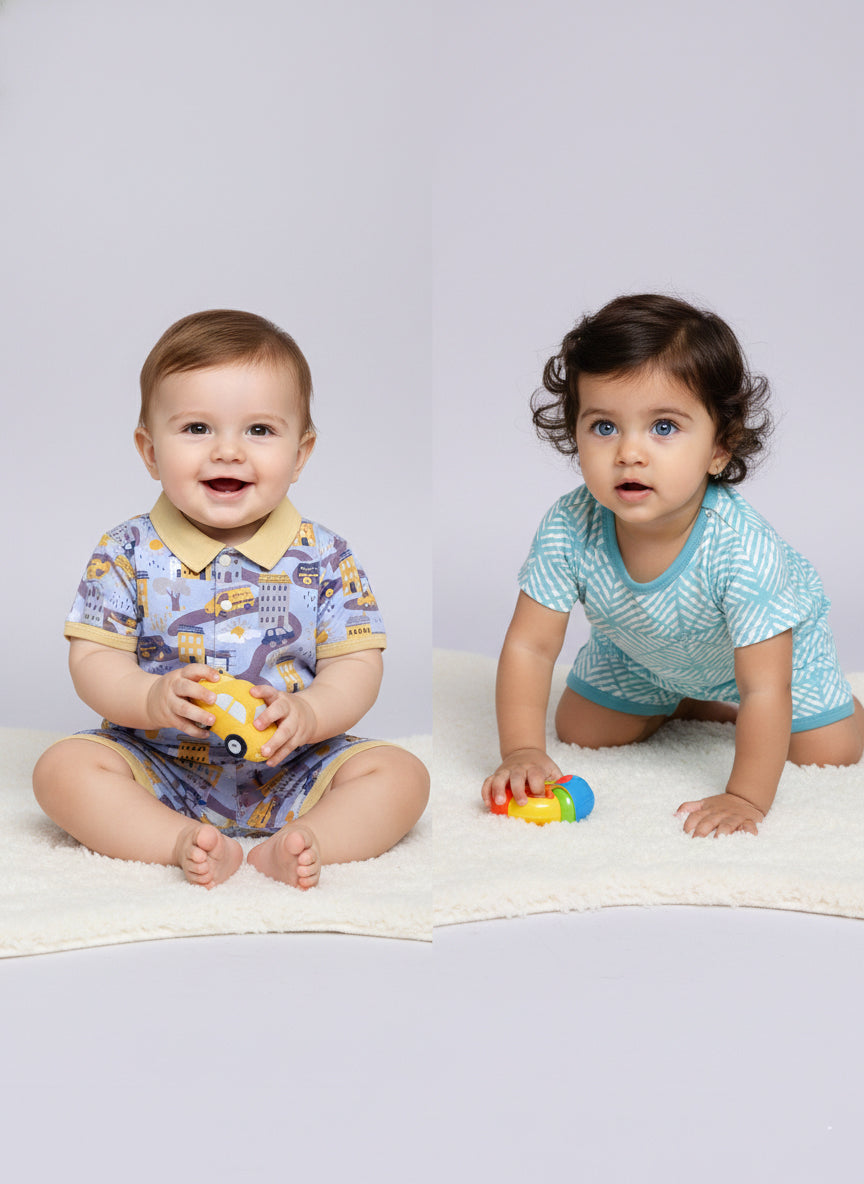 Half Sleeve Top & Bottom for Boys - Sea Green & Yellow