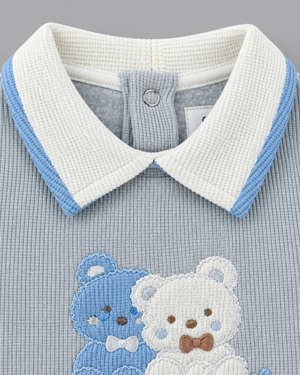 Double Teddy Embroidered Collared Waffle Knit Full Sleeve Top and Bottom for Boys - Grey & Sky Blue