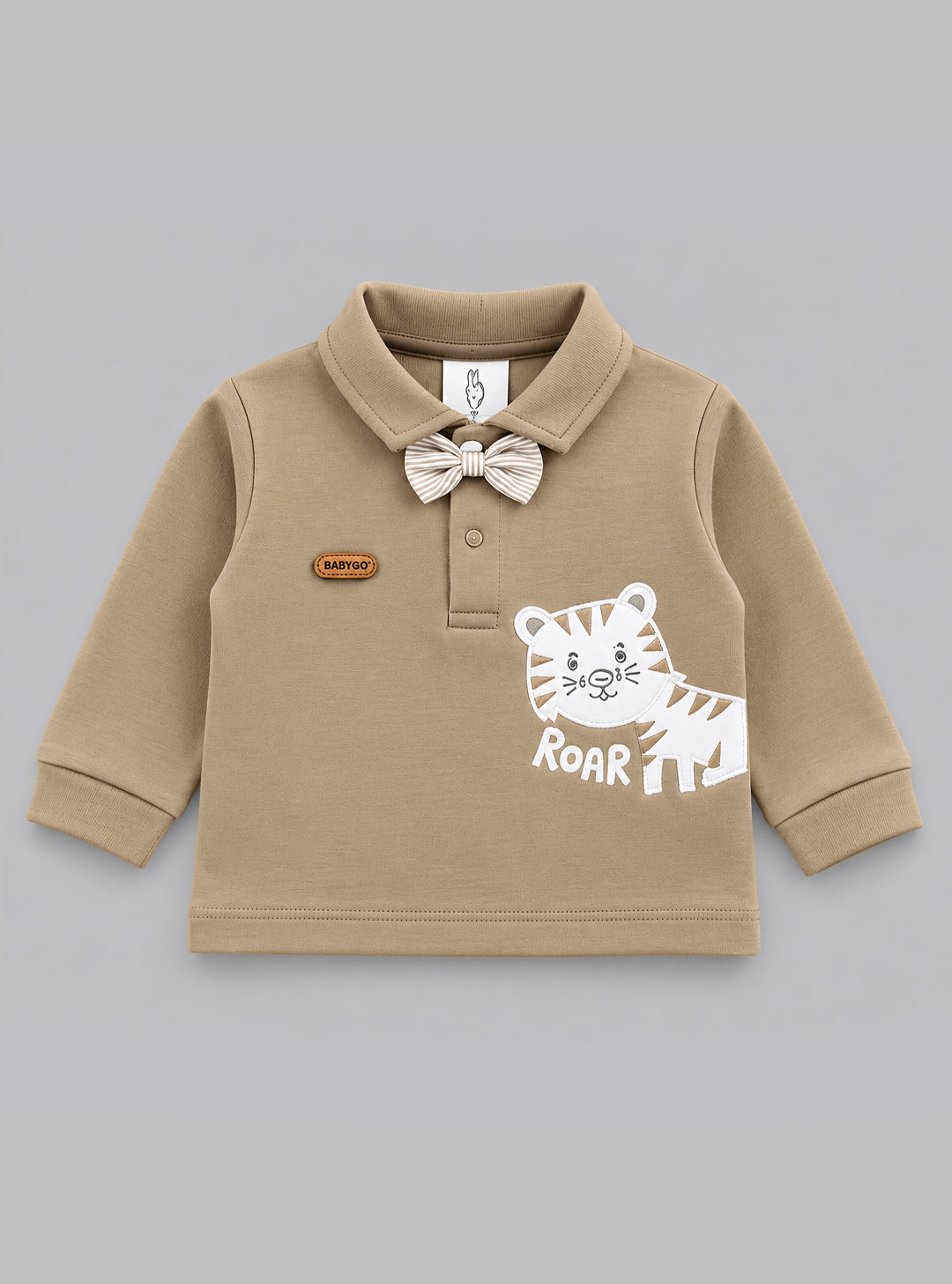 Bow-Tie Tiger Printed Polo Collared Full Sleeve Top and Bottom for Boys - Sage