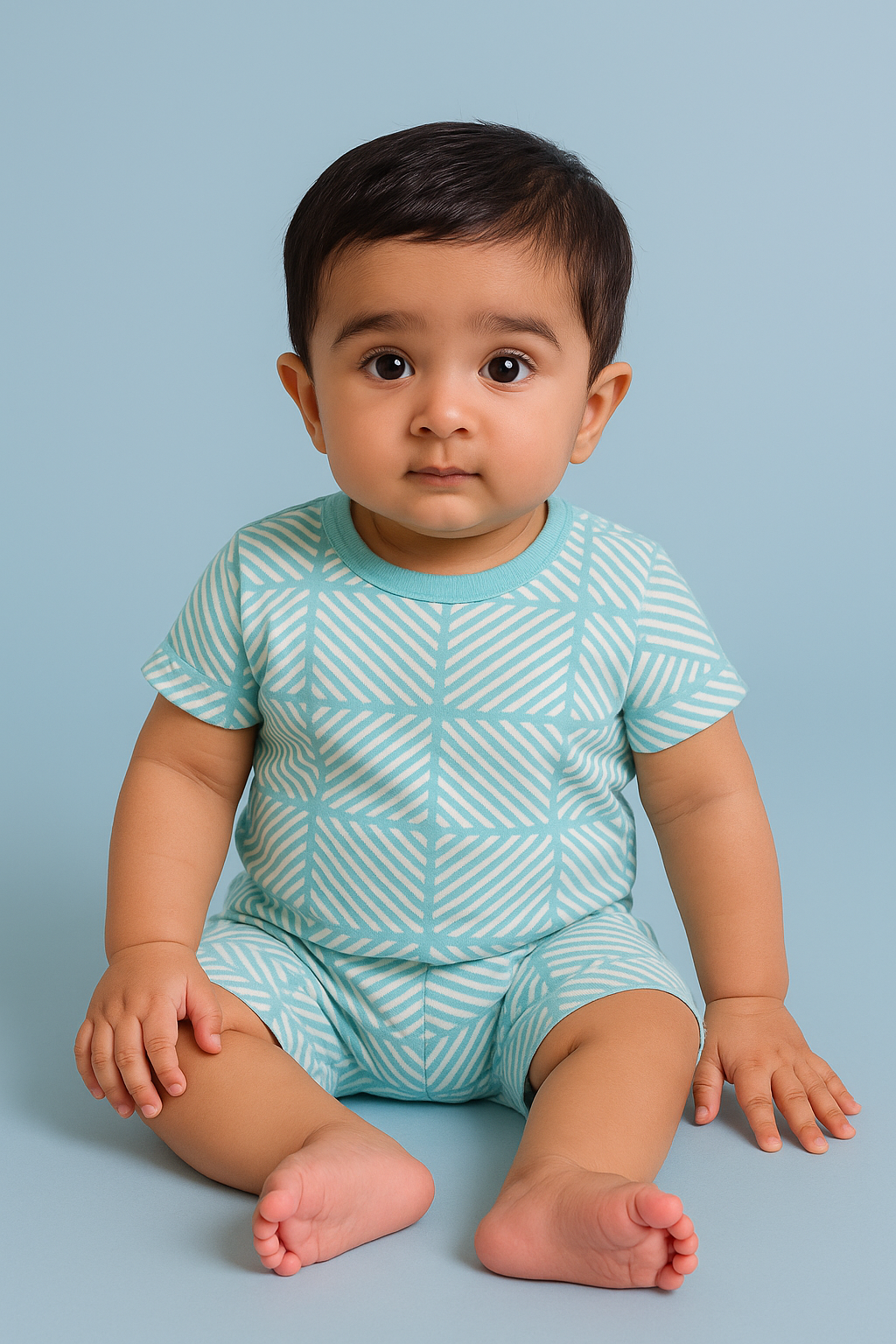 Half Sleeve Top & Bottom for Boys - Sea Green & Tan