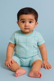 Half Sleeve Top & Bottom for Boys - Sea Green & Tan