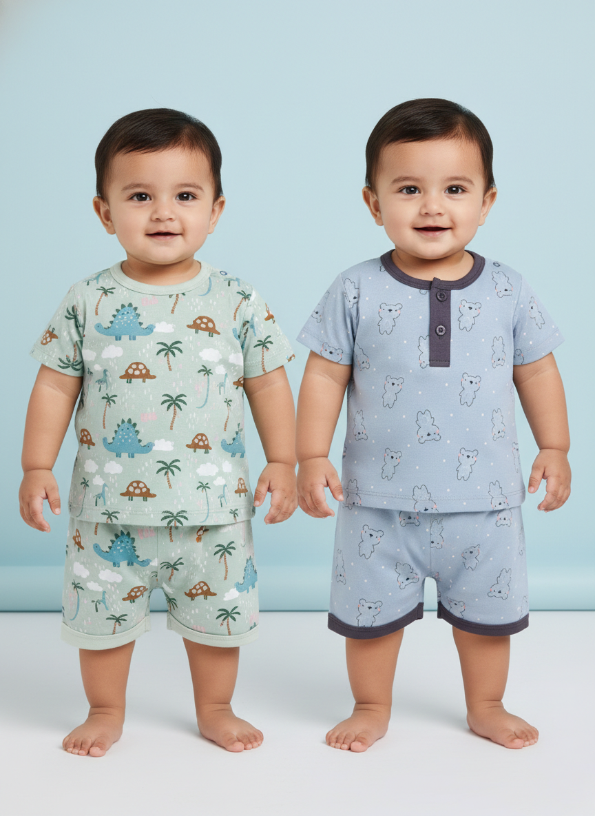 Half Sleeve Top & Bottom for Boys - Pista Green & Slate Grey