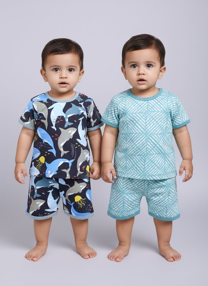 Half Sleeve Top & Bottom for Boys - Sea Green & Navy