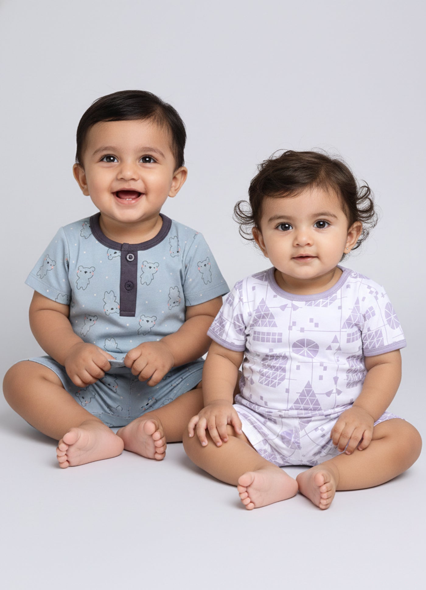 Half Sleeve Top & Bottom for Boys - Slate Grey & OffWhite