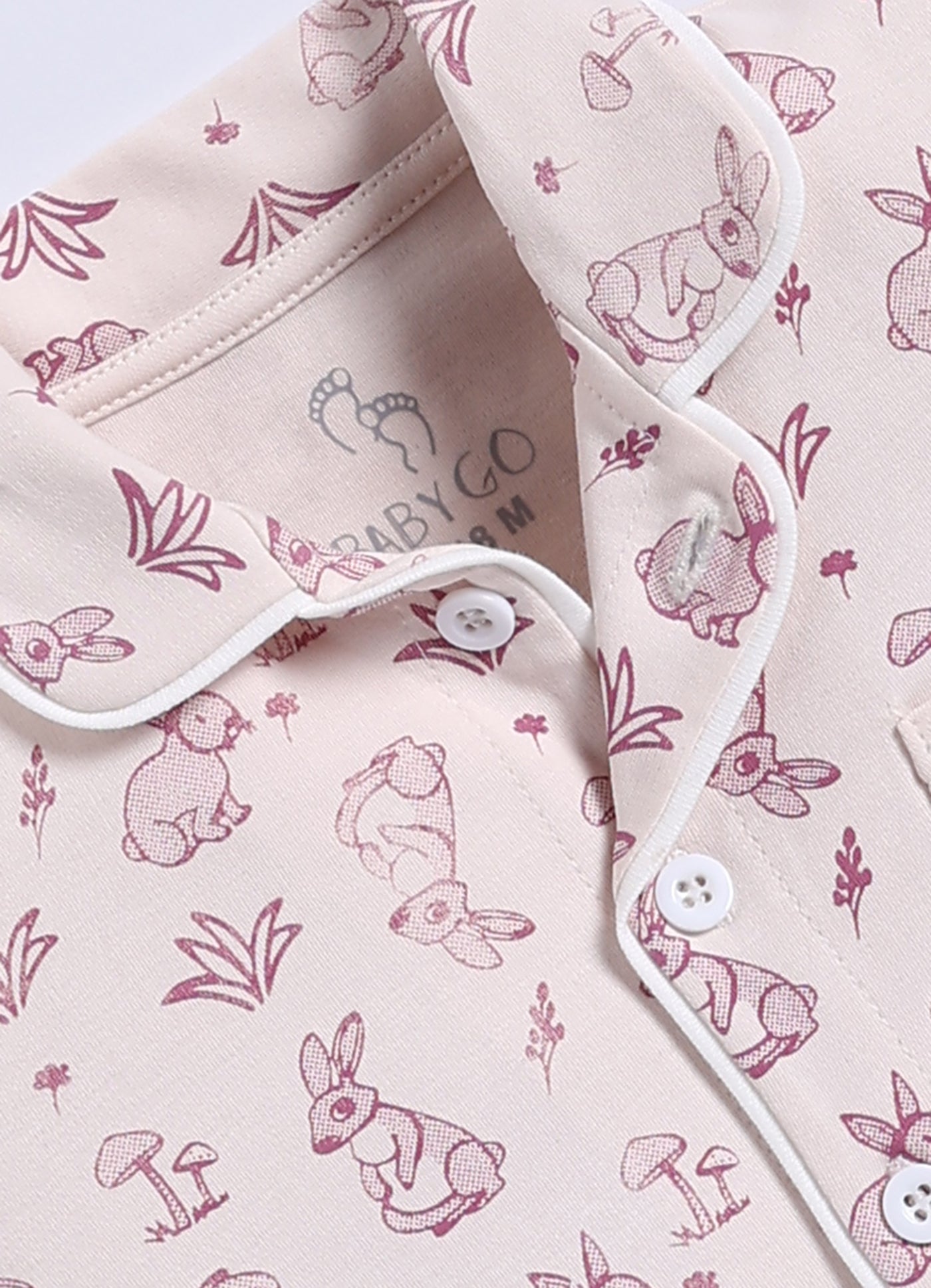 Full-Sleeve Nightsuits for Girls - Cream Rabbits and Mushrooms
