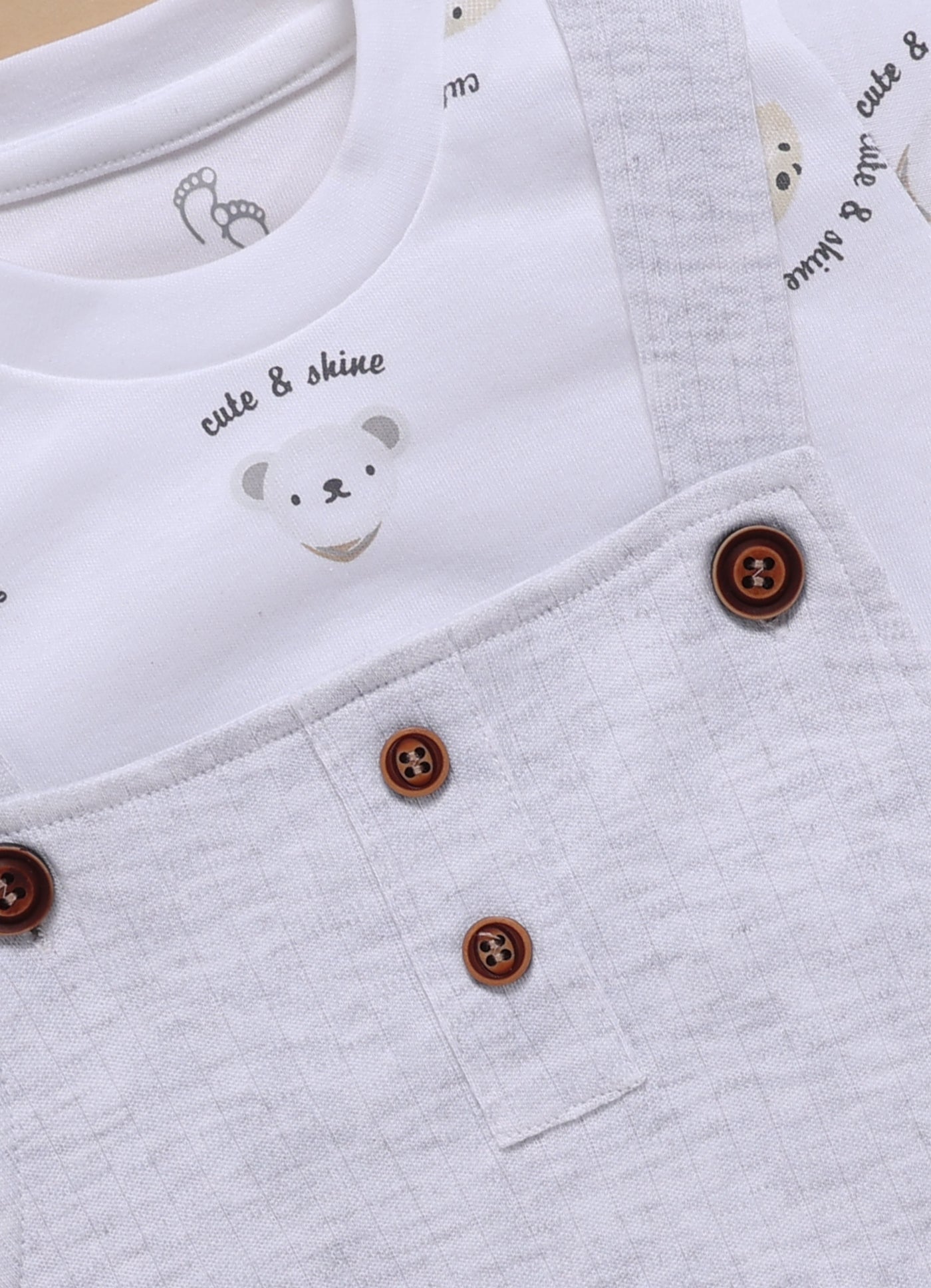 Half Sleeve Dungaree for Boys – White Melange Cute & Shine Bear