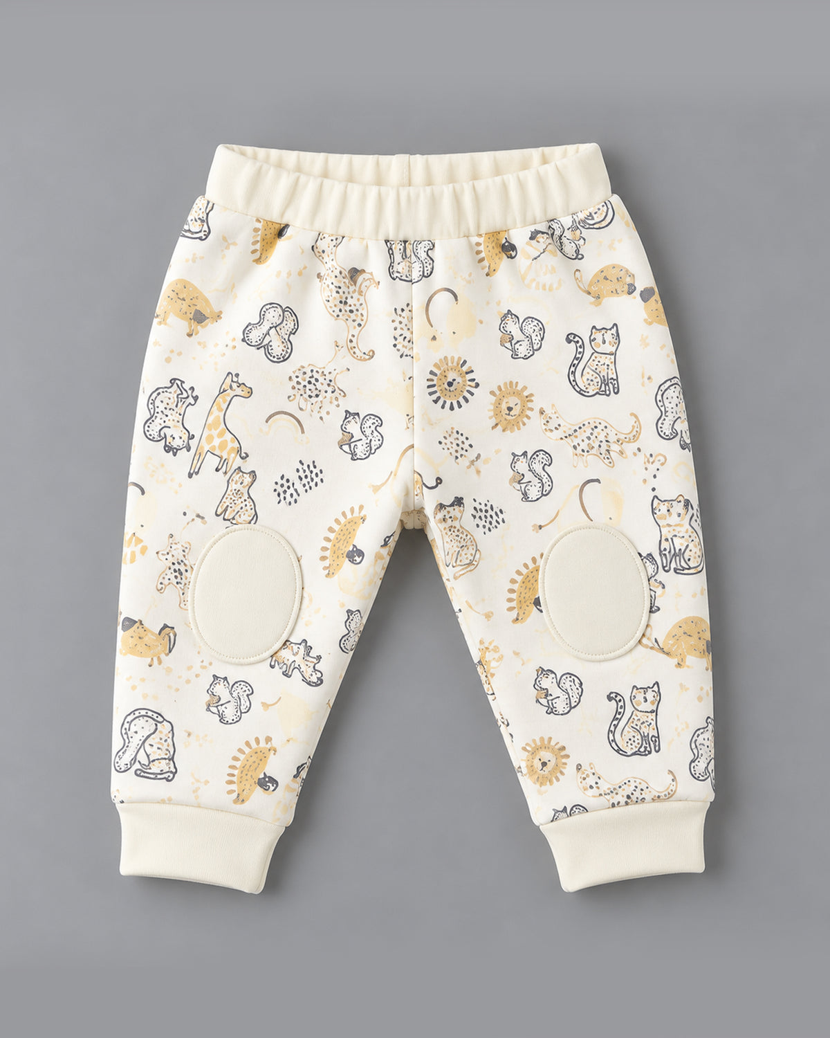 Little Roar Animal Printed Fleece-Lined Knee-Patched Full Sleeve Top and Bottom for Boys - Off-White & Beige