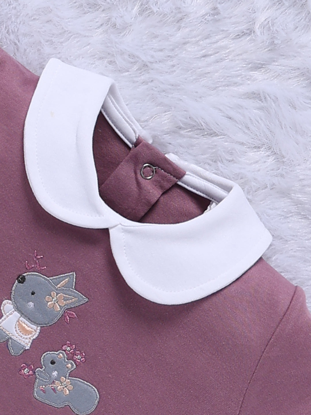 Top & Bottom for Girls - Mauve Animal Embroidered Top & Printed Trousers Set