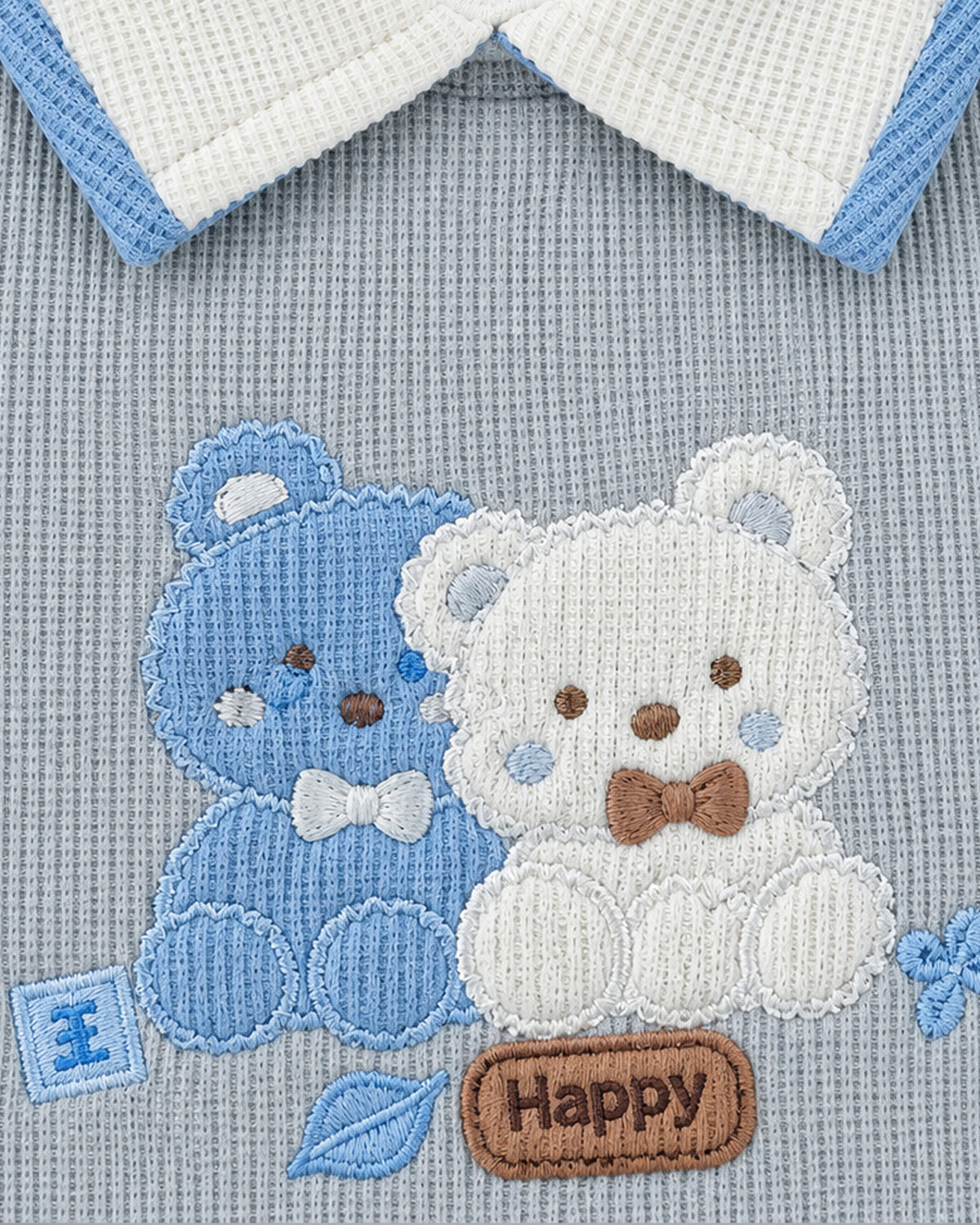 Double Teddy Embroidered Collared Waffle Knit Full Sleeve Top and Bottom for Boys - Grey & Sky Blue