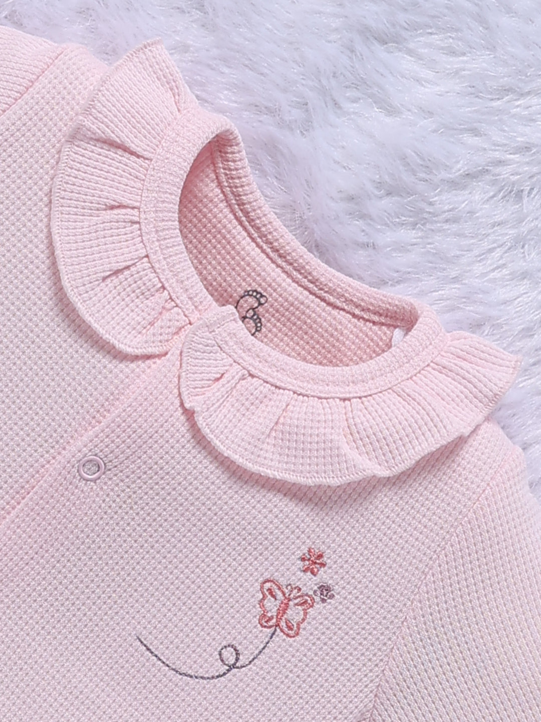 Top & Bottom for Girls - Baby Pink Butterfly Embroidered Waffle Top & Printed Trousers Set