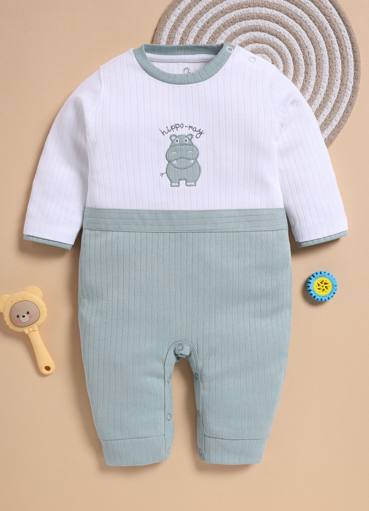 Full Sleeve Romper for Boys - Bluish Cyan Hippo Ray