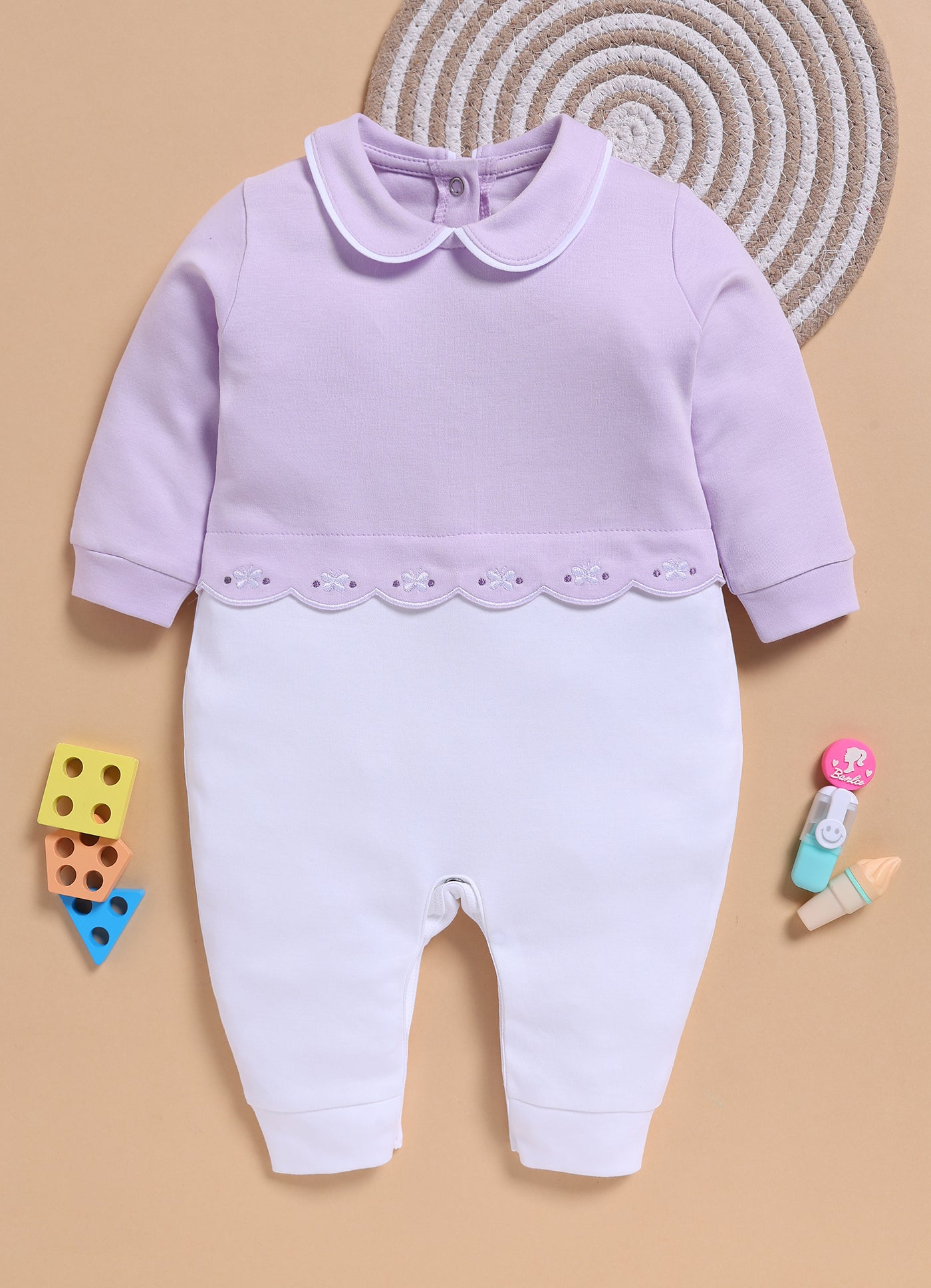 Full Sleeve Romper for Girls - Light Purple Lilac Embroidered Scallop