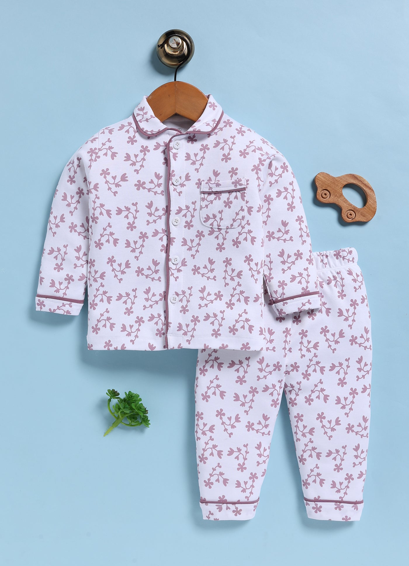 Full-Sleeve Nightsuits for Girls - Purple Floral Charm