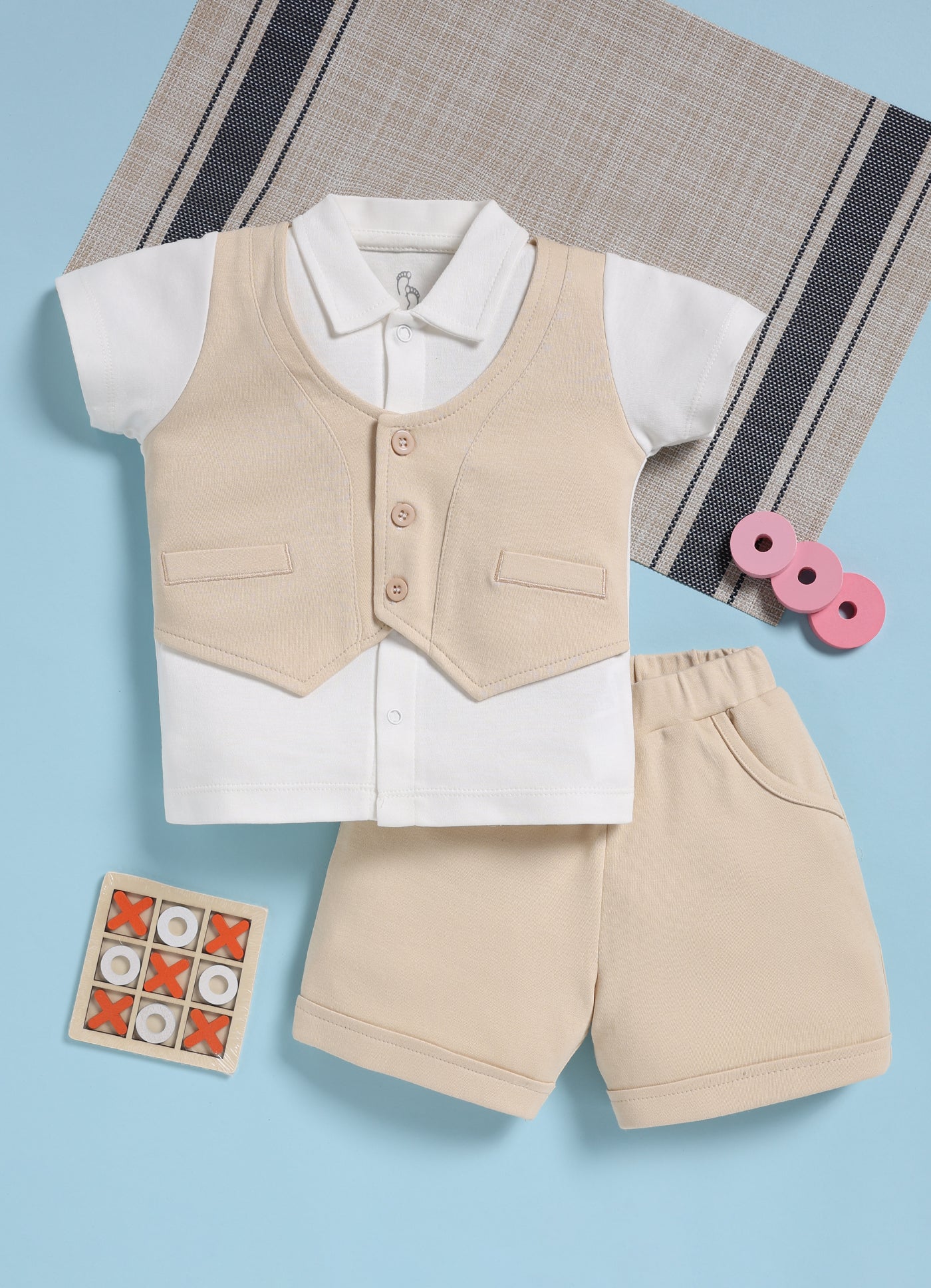 Half-Sleeve Top & Bottom For Boys - Cream with Jacket