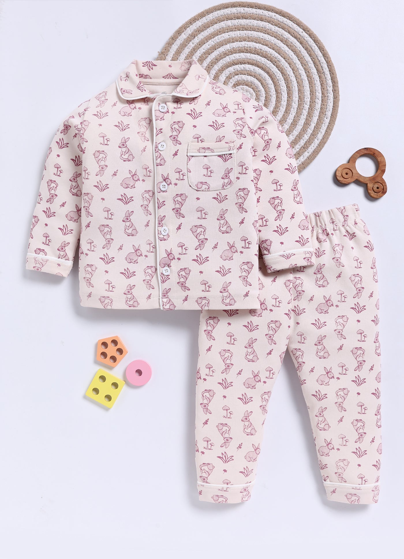 Full-Sleeve Nightsuits for Girls - Cream Rabbits and Mushrooms