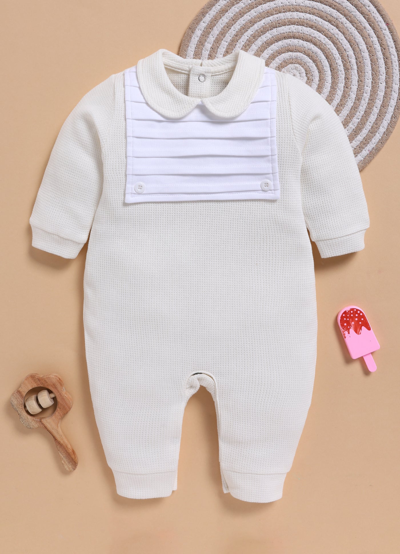 Full Sleeve Romper for Girls - White Waffle Knit