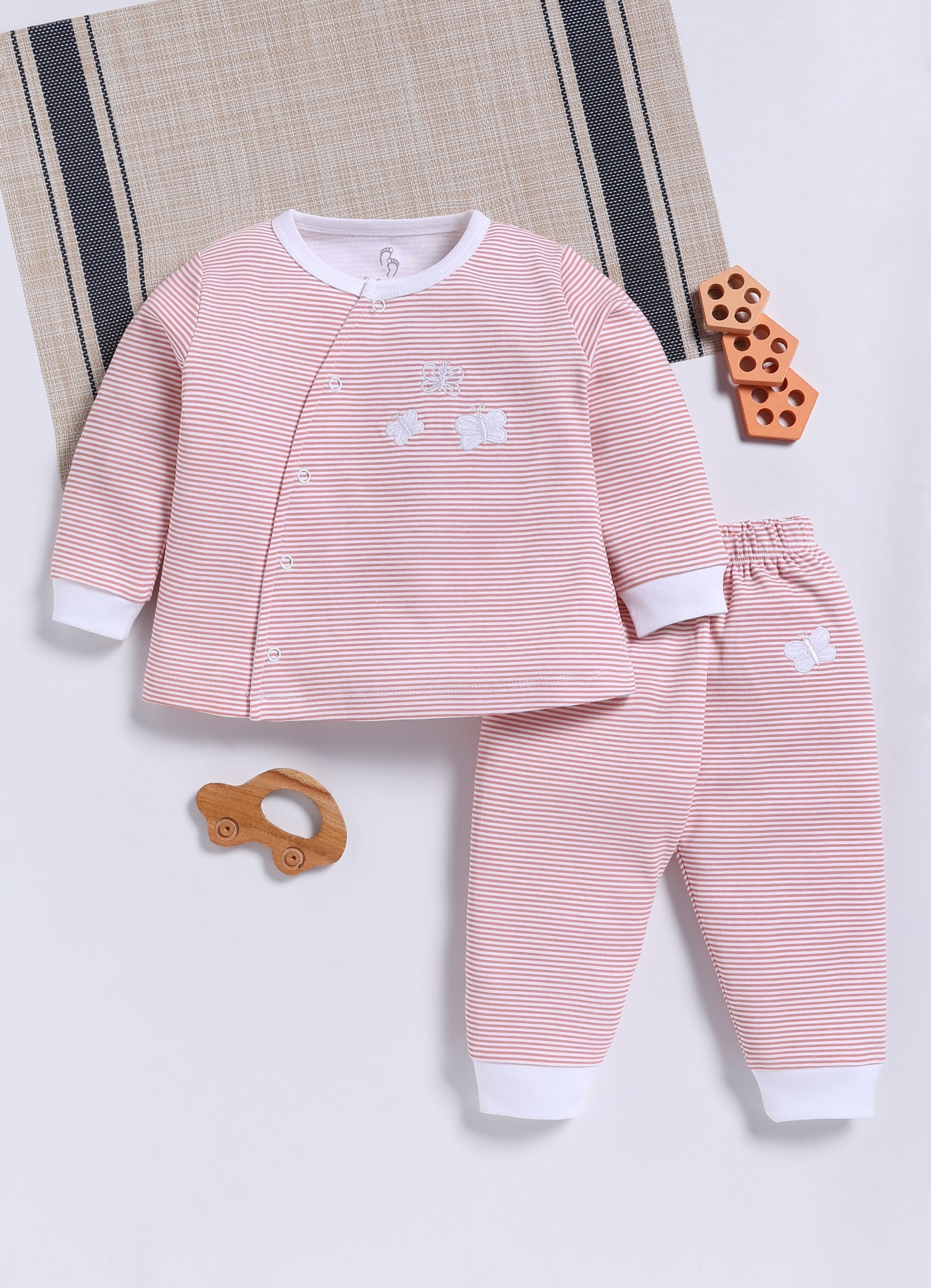 Full-Sleeve Top & Bottom For Girls - Pastel Peach Striped