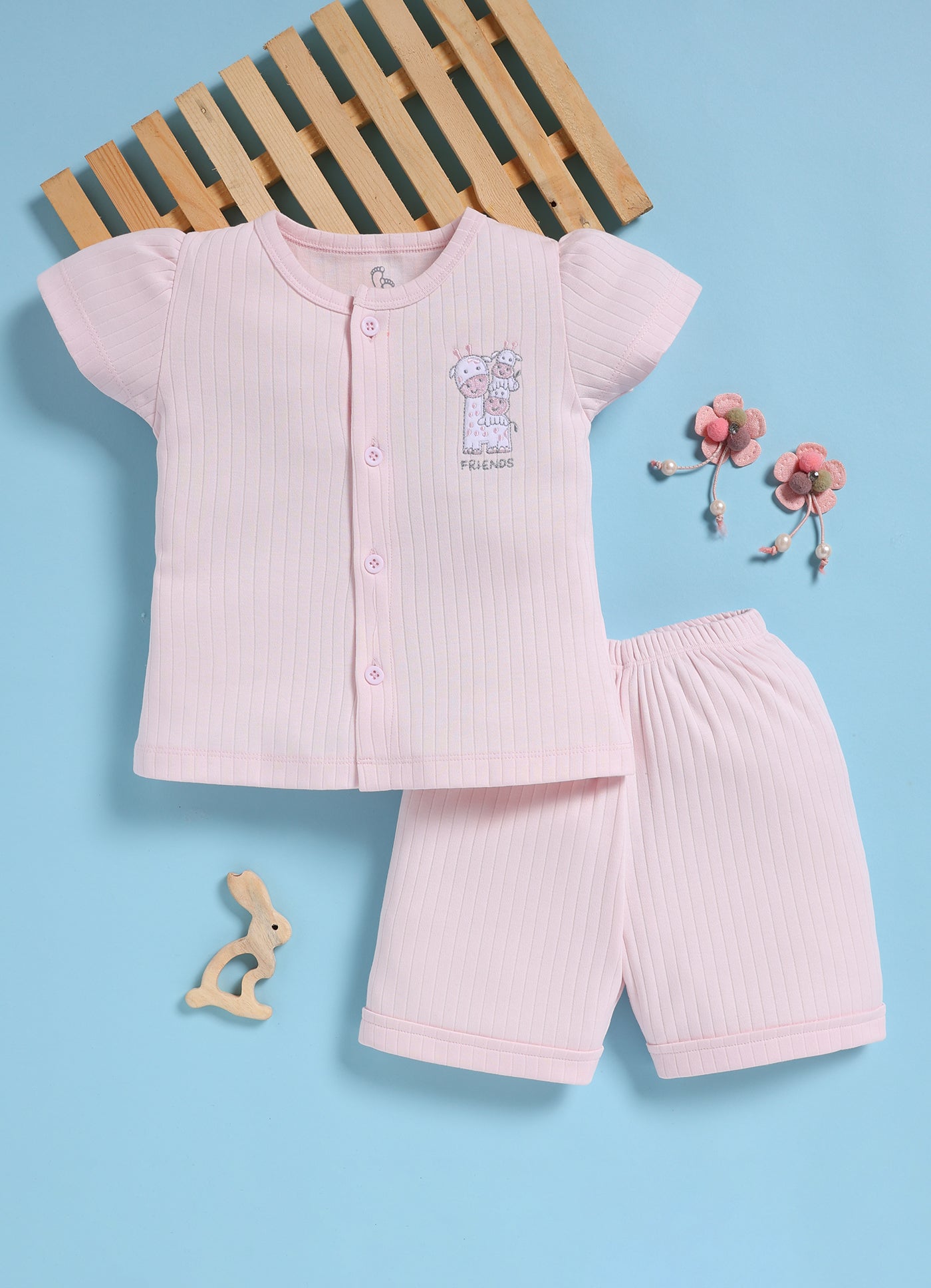 Half-Sleeve Top & Bottom For Girls - Pink Animal Friends