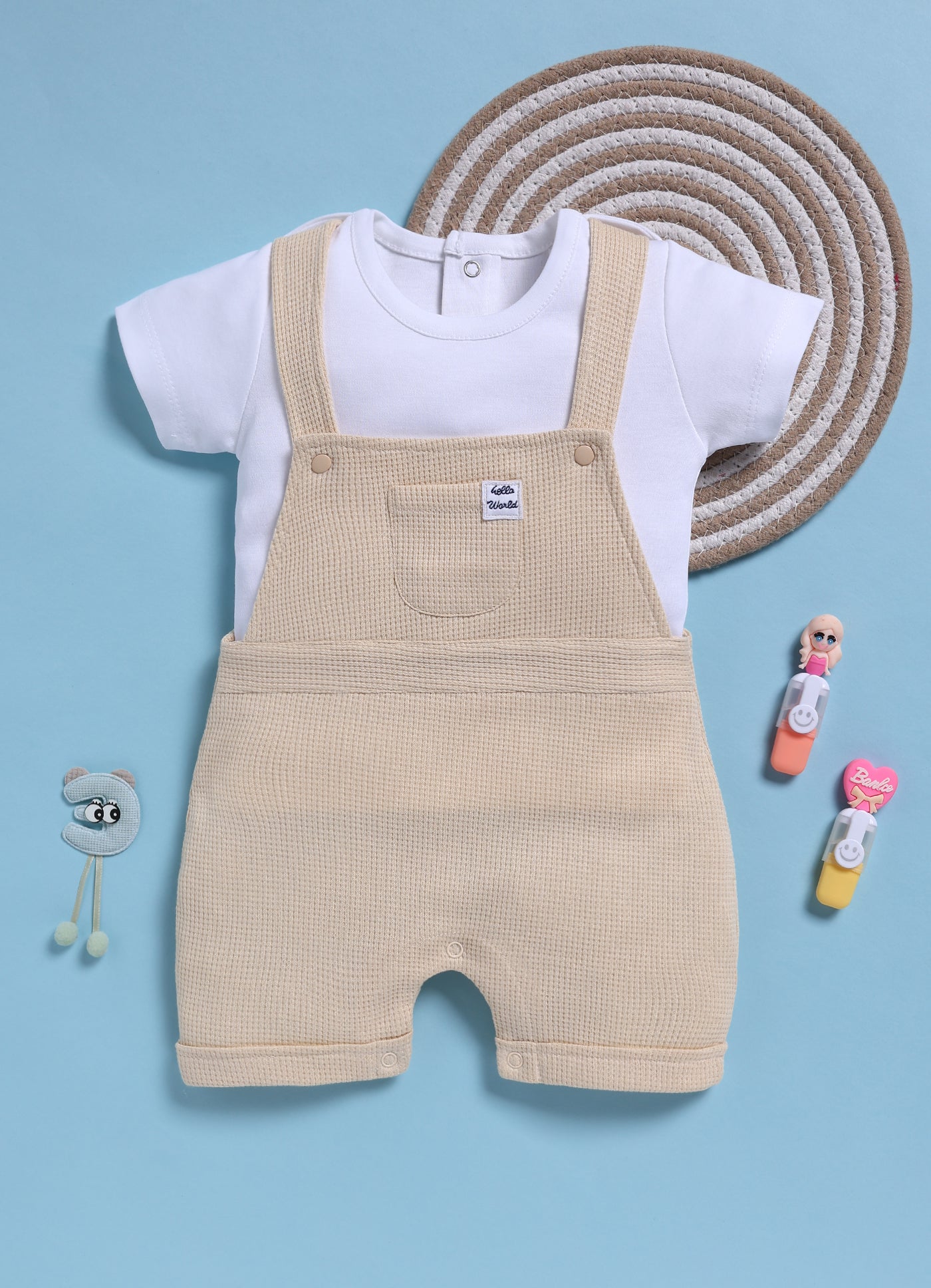Half Sleeve Dungaree for Boys - Beige Hello World