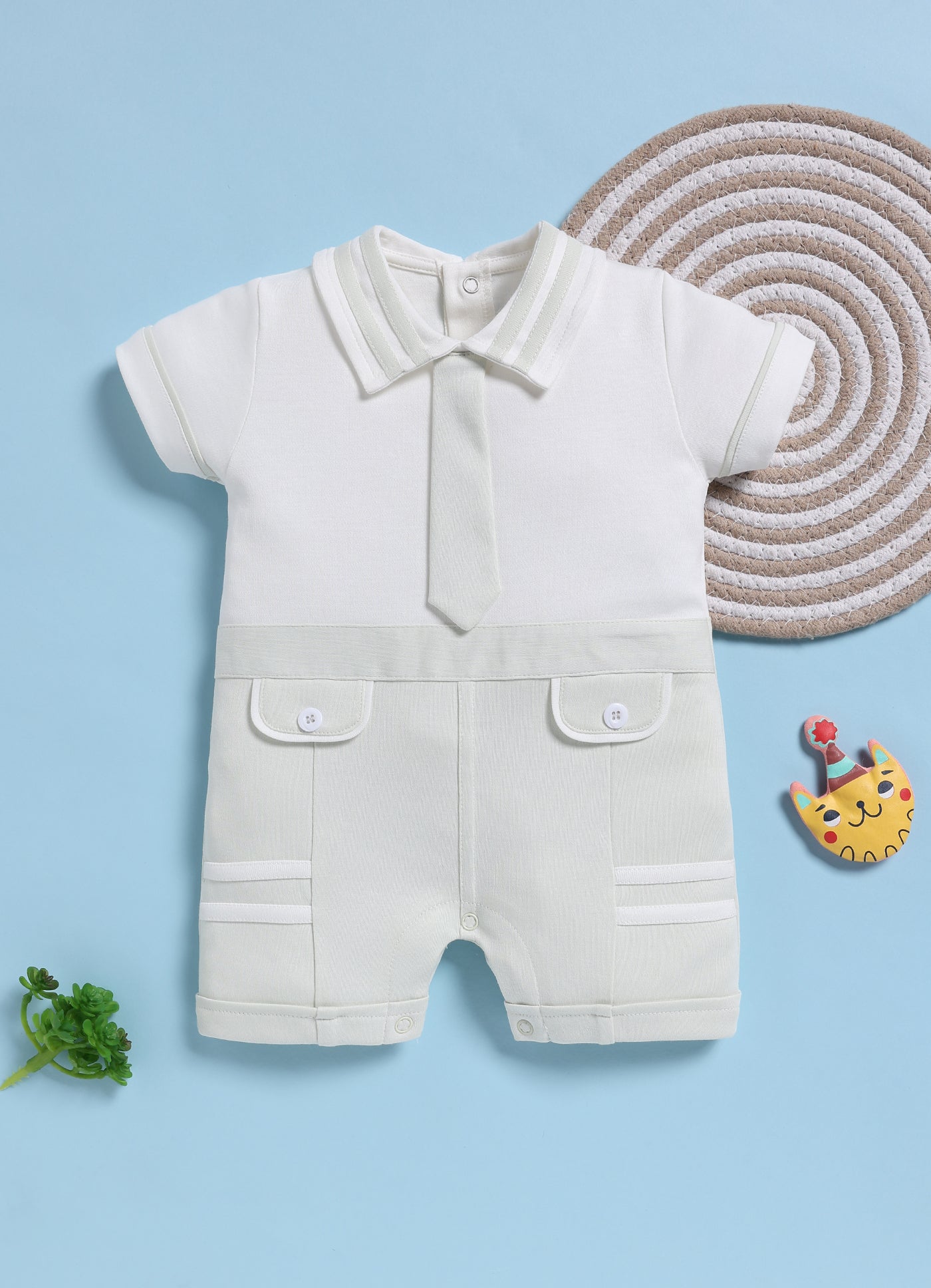 Half-Sleeve Romper for Boys – Pastel Mint Green with Tie