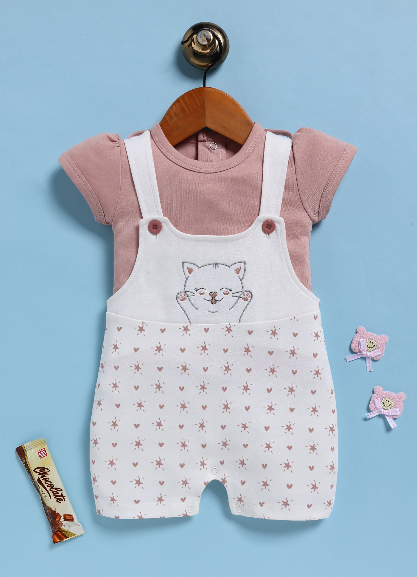 Half Sleeve Dungaree for Girls - Peach Happy Kitty