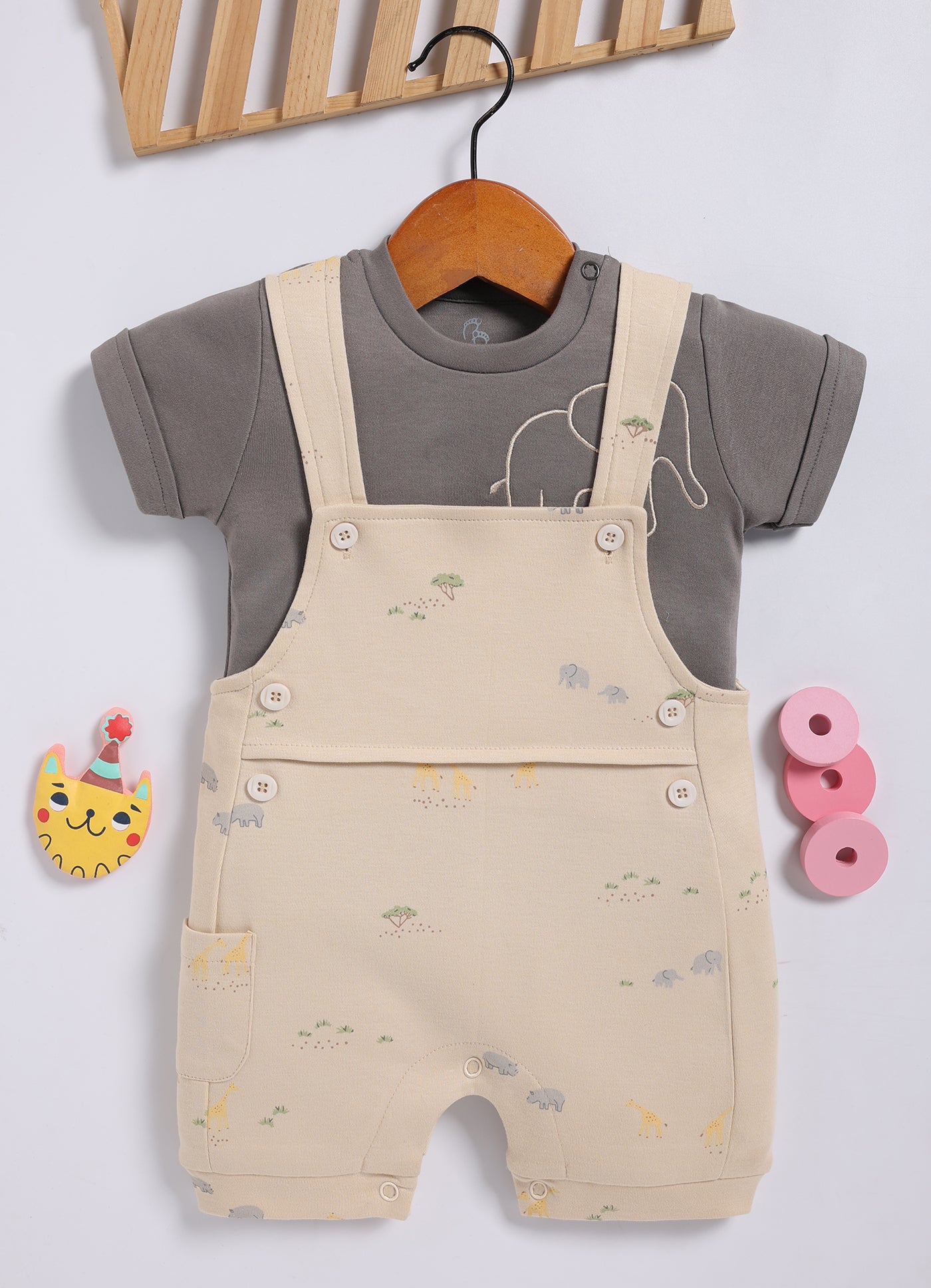 Half Sleeve Dungaree for Boys - Beige Saharan Wildlife