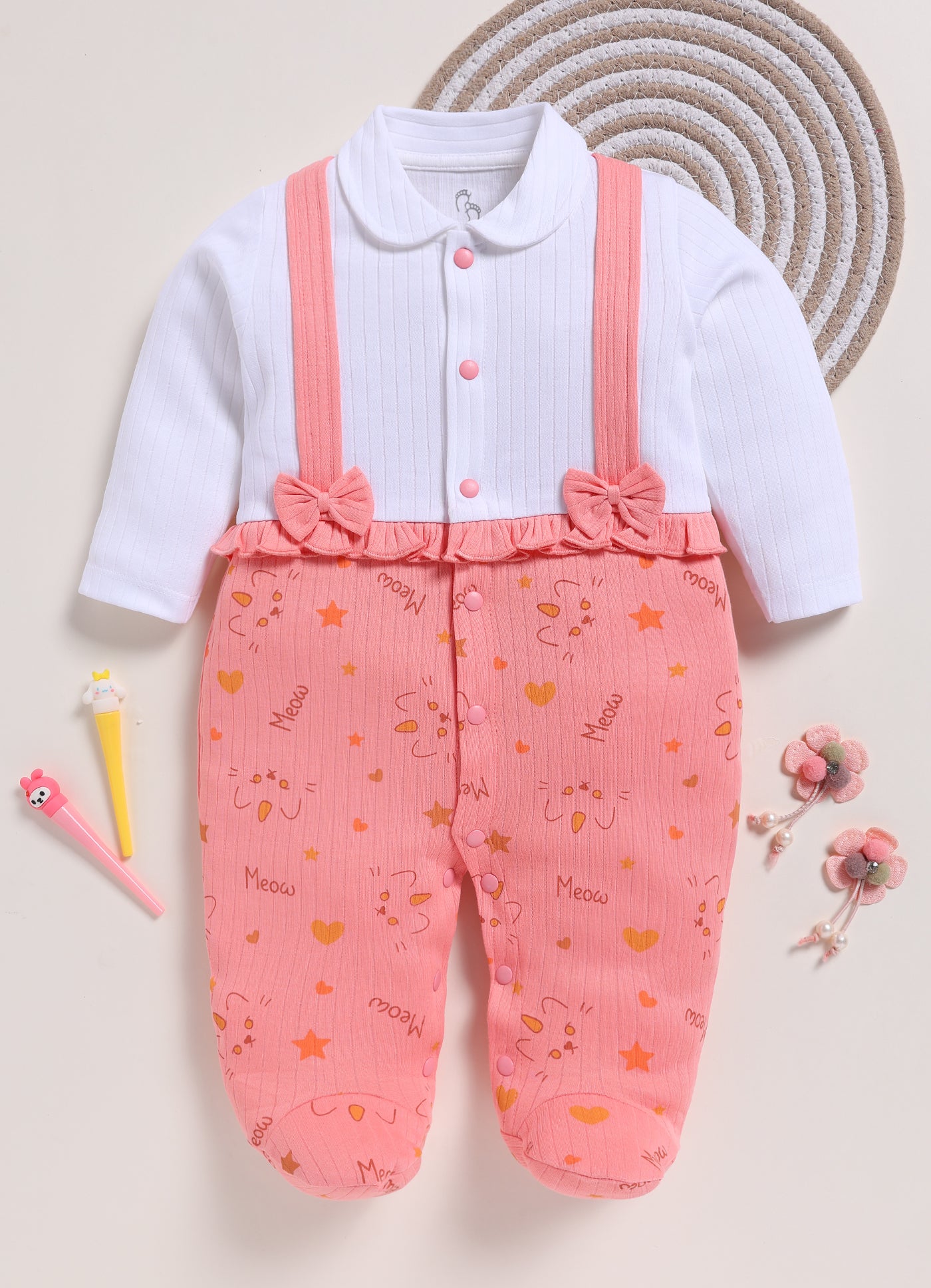 Full Sleeve Romper for Girls - Peach Sweet Meow