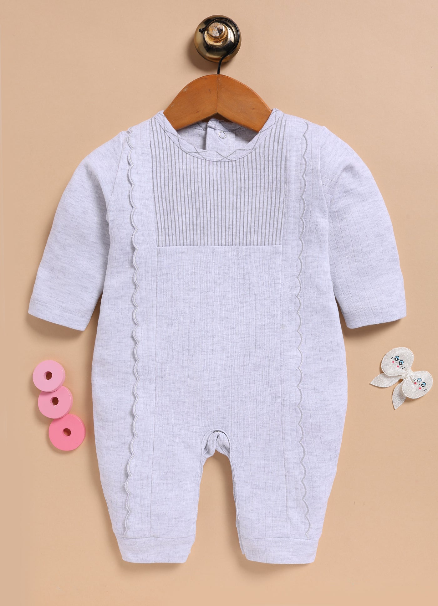 Full Sleeve Romper for Girls - White Melange Pintuck Scallop