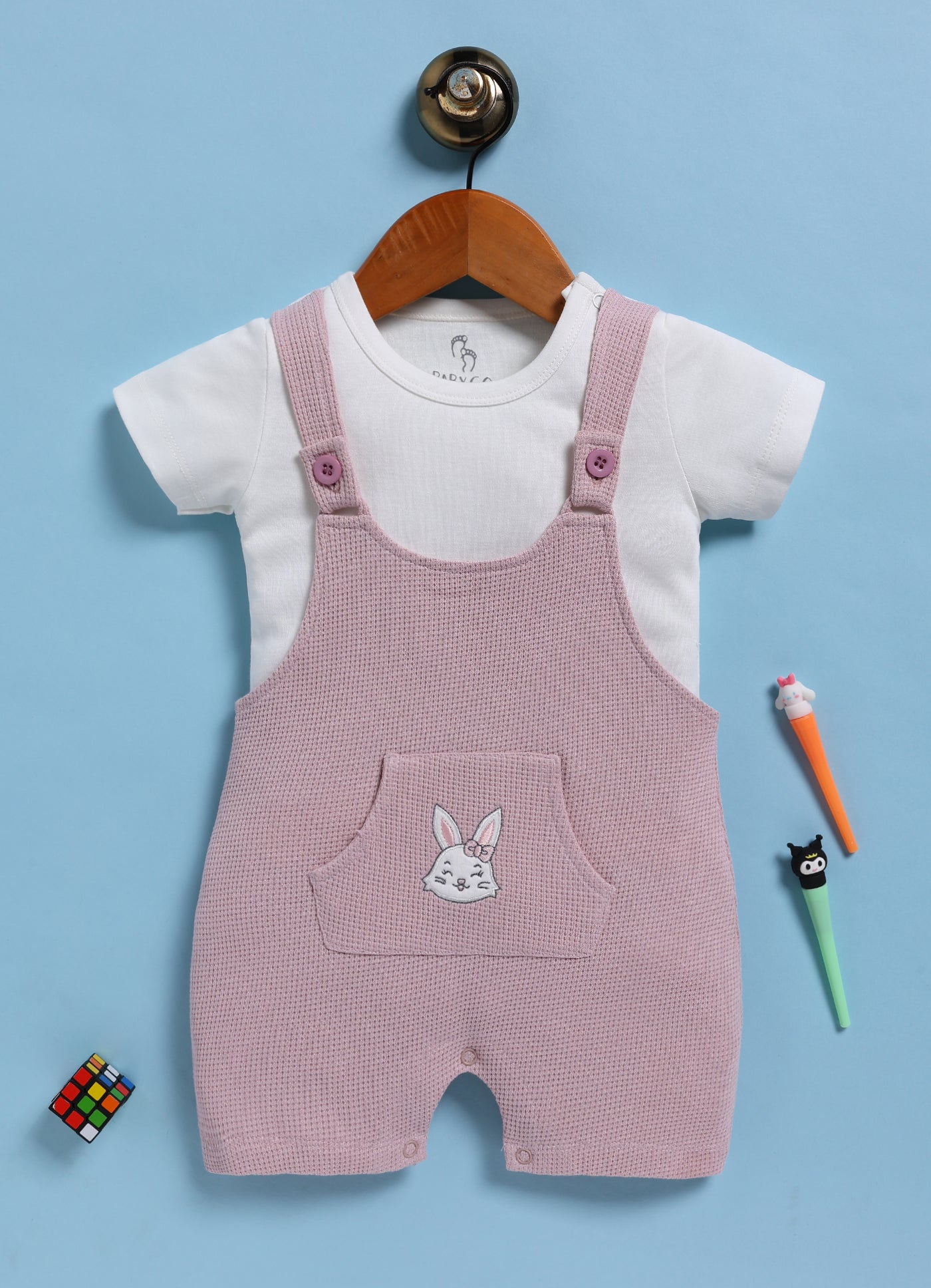 Half Sleeve Dungaree for Girls - Mauve Happy Bunny Face
