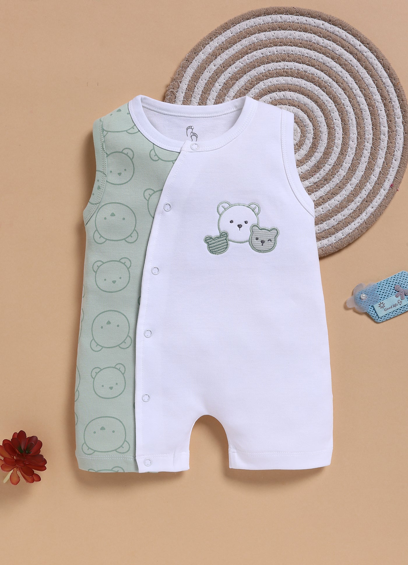 Half-Sleeve Romper for Boys – Mint Green Winking Teddy