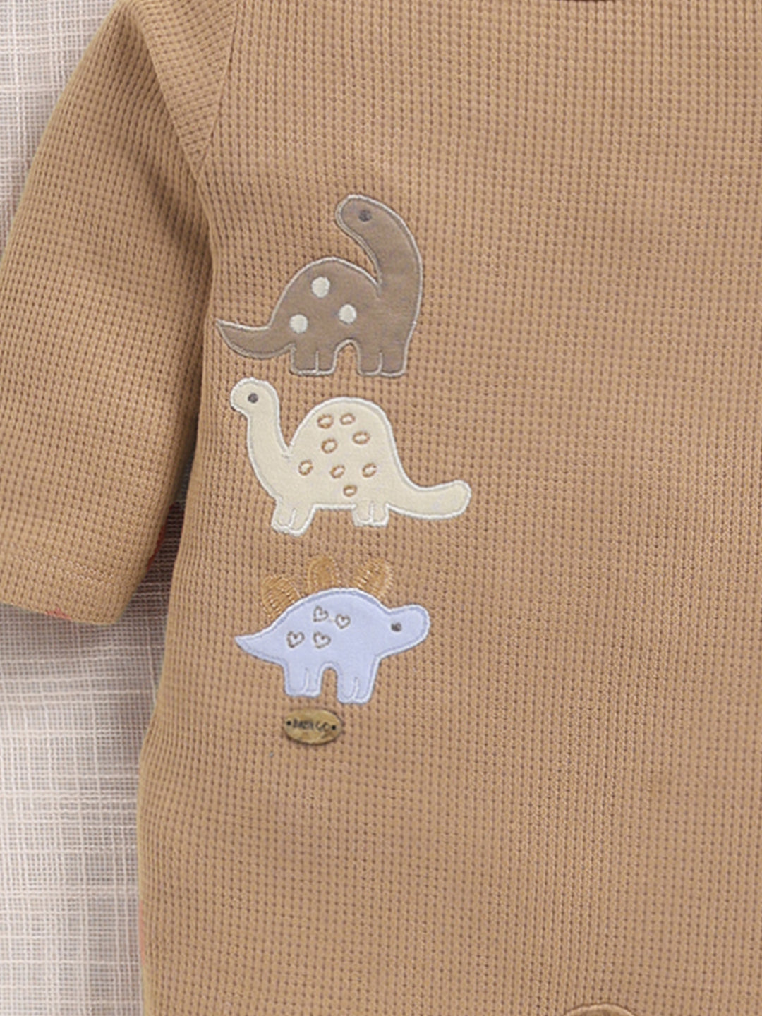 Full Sleeve Romper for Boys – Brown Waffle-Knit Dinosaur Footie