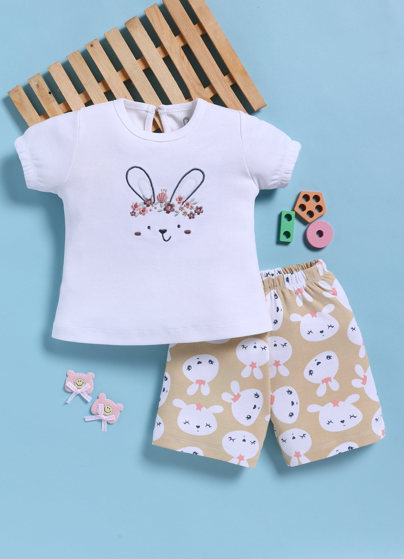 Half-Sleeve Top & Bottom For Girls - Beige Happy Bunny