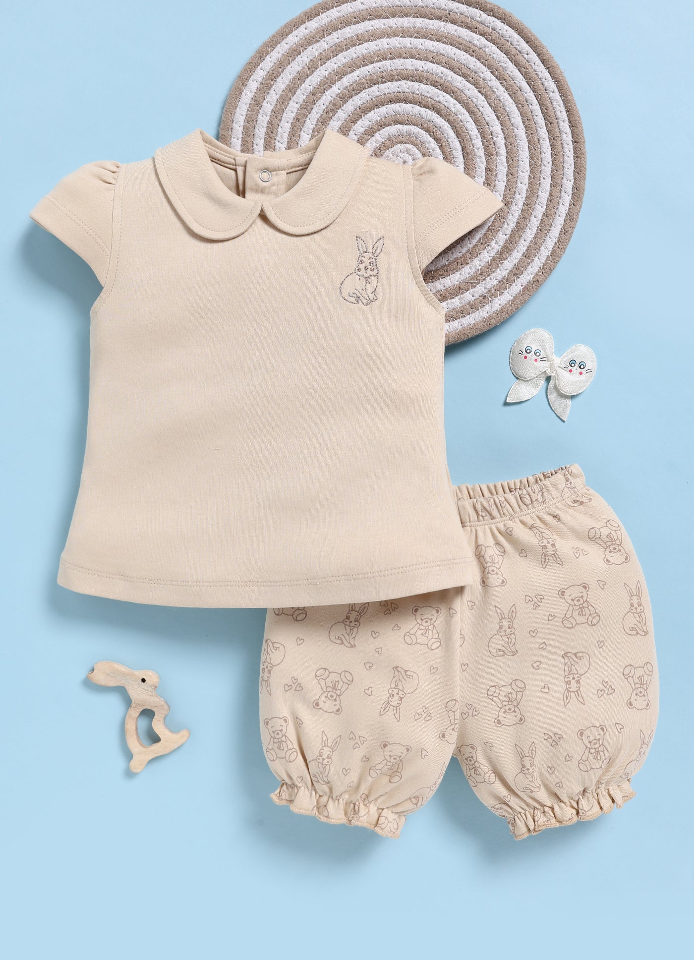 Half-Sleeve Top & Bottom For Girls - Beige Sweet Bunny