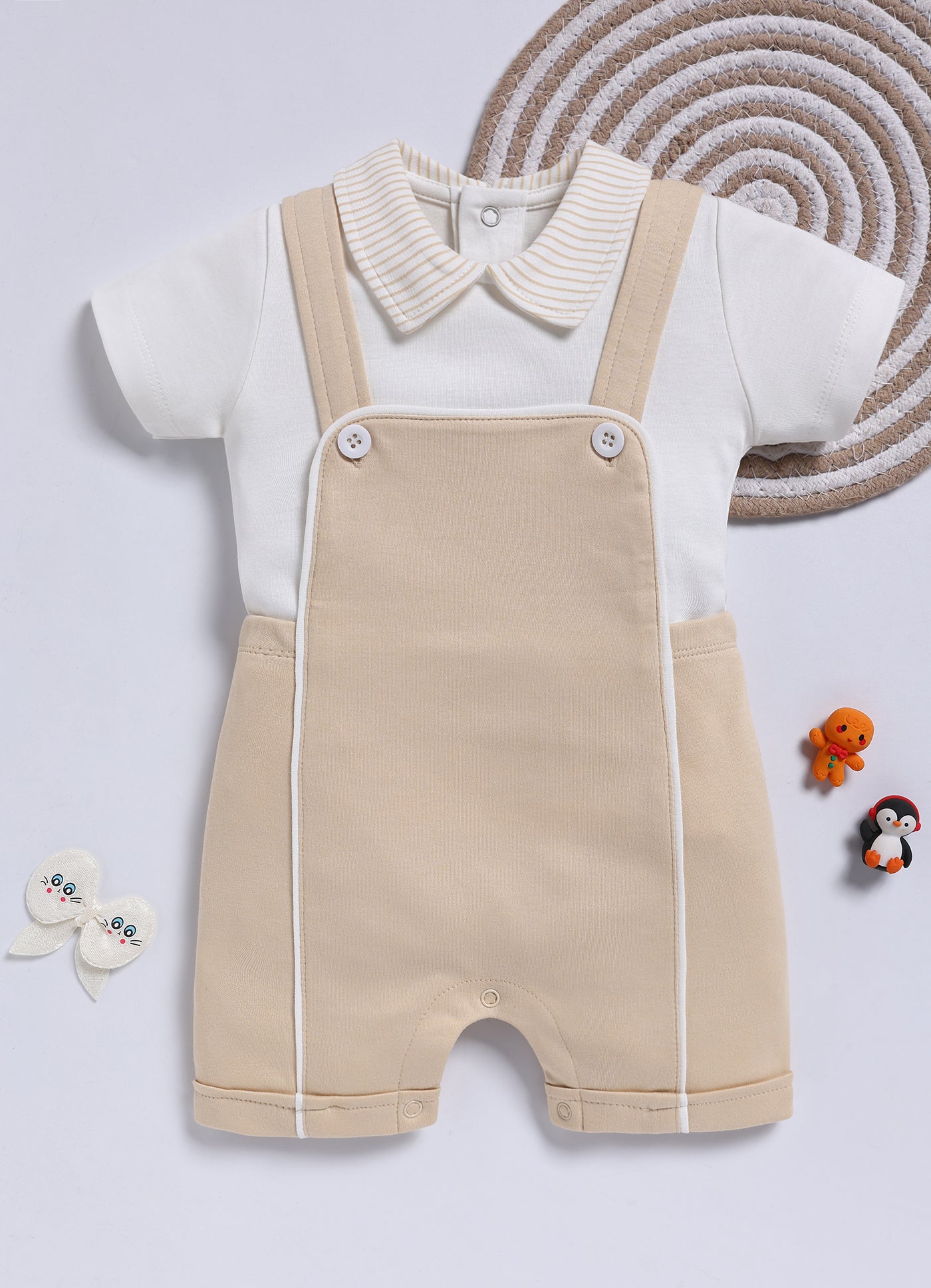 Half Sleeve Dungaree for Boys - Beige Striped Collar