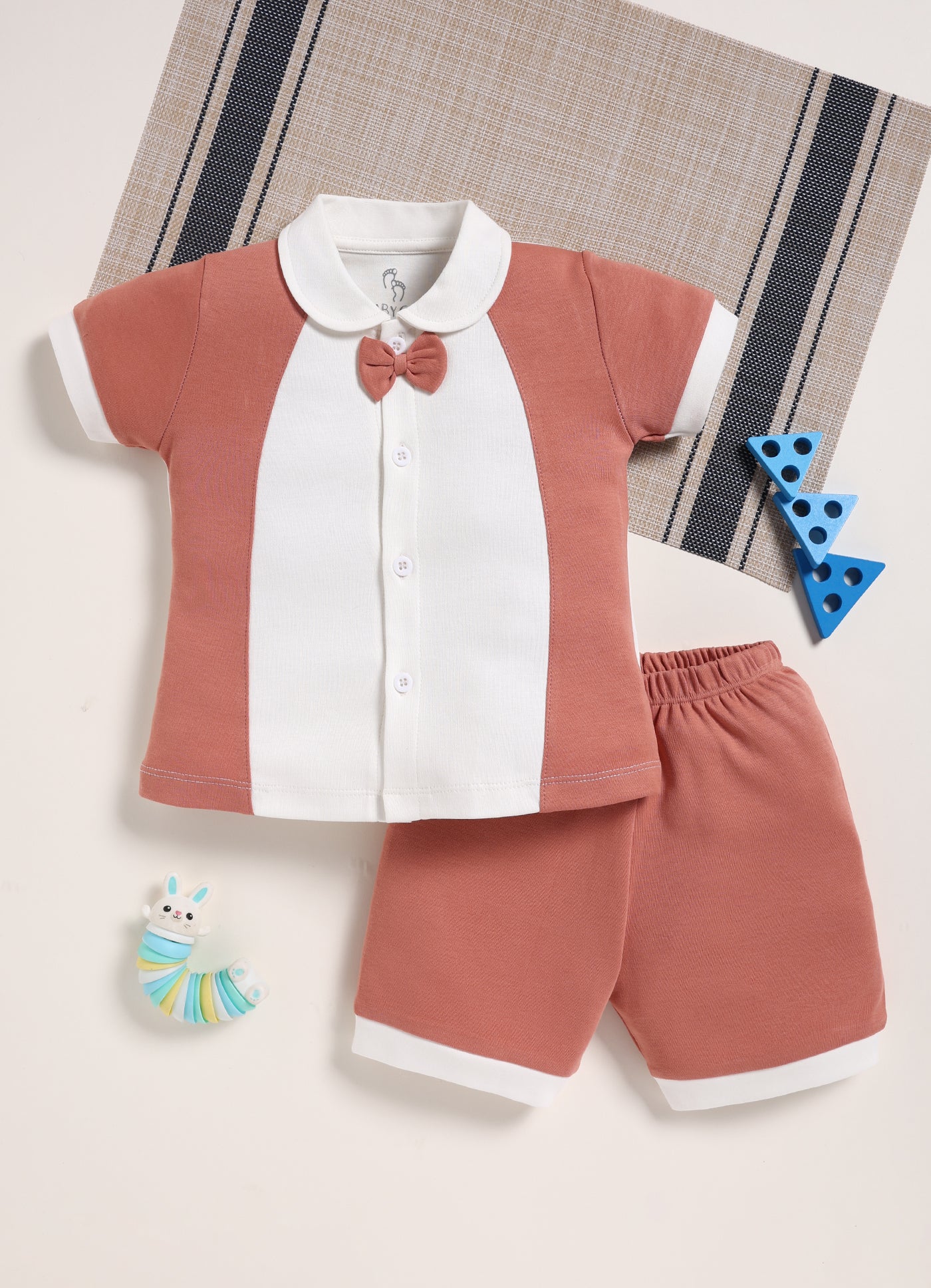 Half-Sleeve Top & Bottom For Girls - Brown with Bow Tie