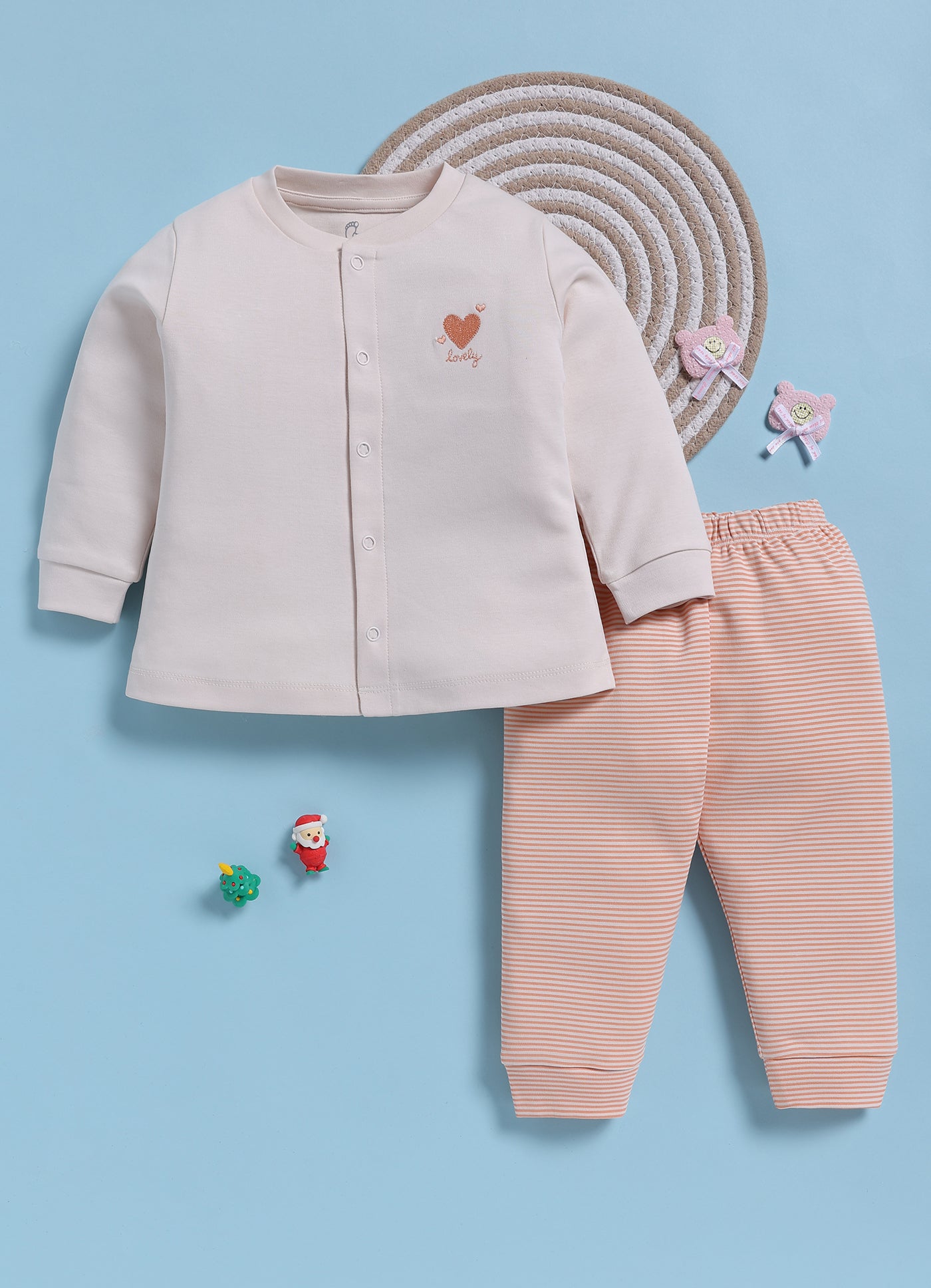 Full-Sleeve Top & Bottom For Girls - Peach Heart