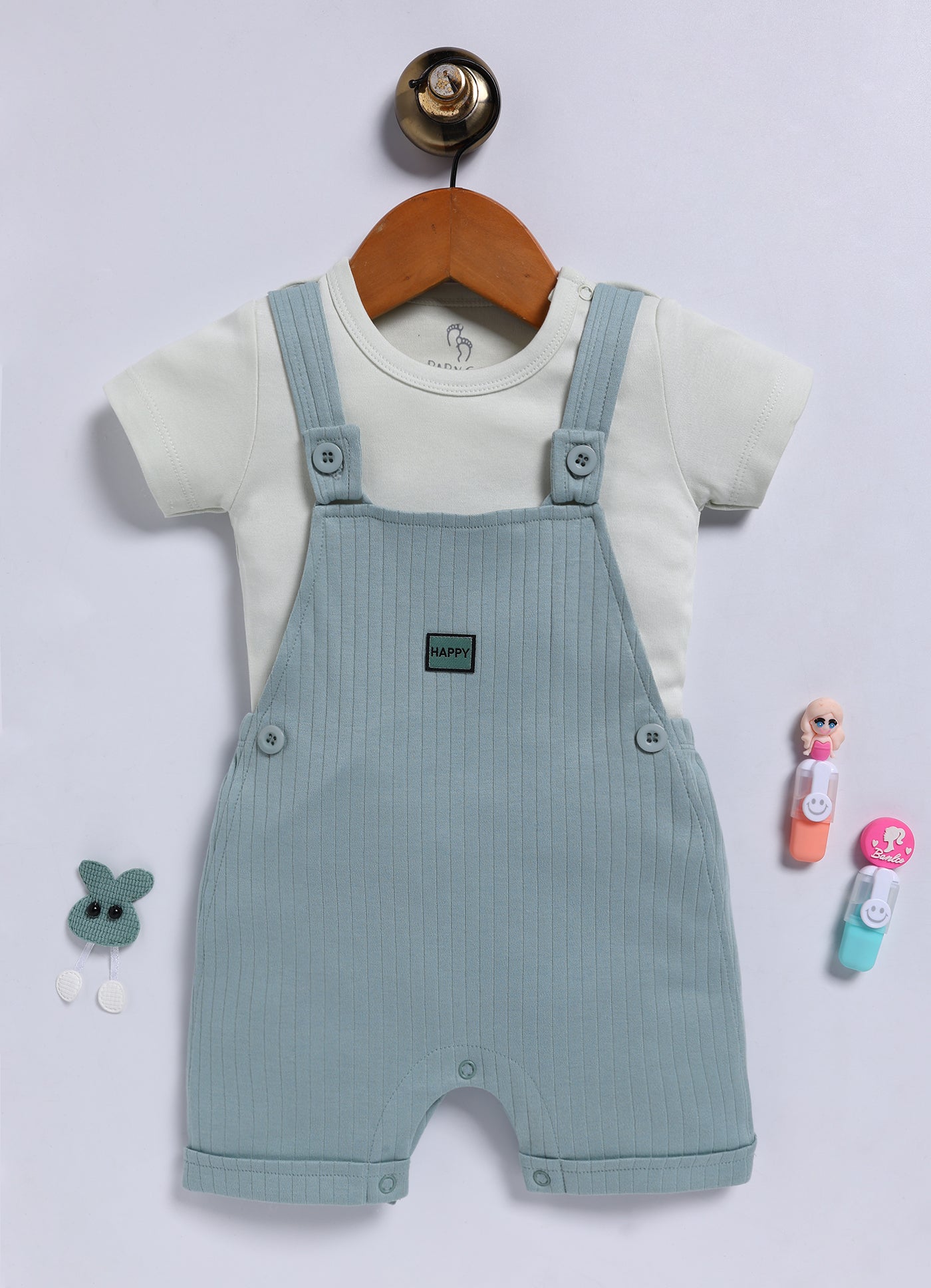 Half Sleeve Dungaree for Boys - Mint Green Happy Badge