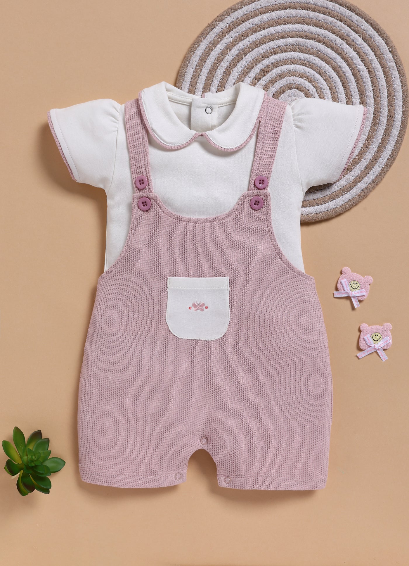 Half Sleeve Dungaree for Girls - Mauve Butterfly Pocket