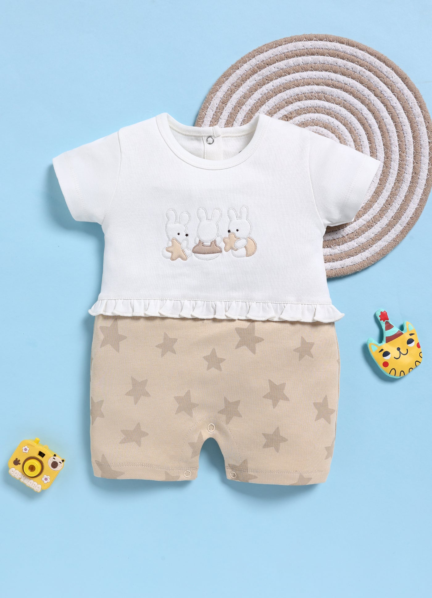 Half-Sleeve Romper for Girls – Cream Three Little Bunnies