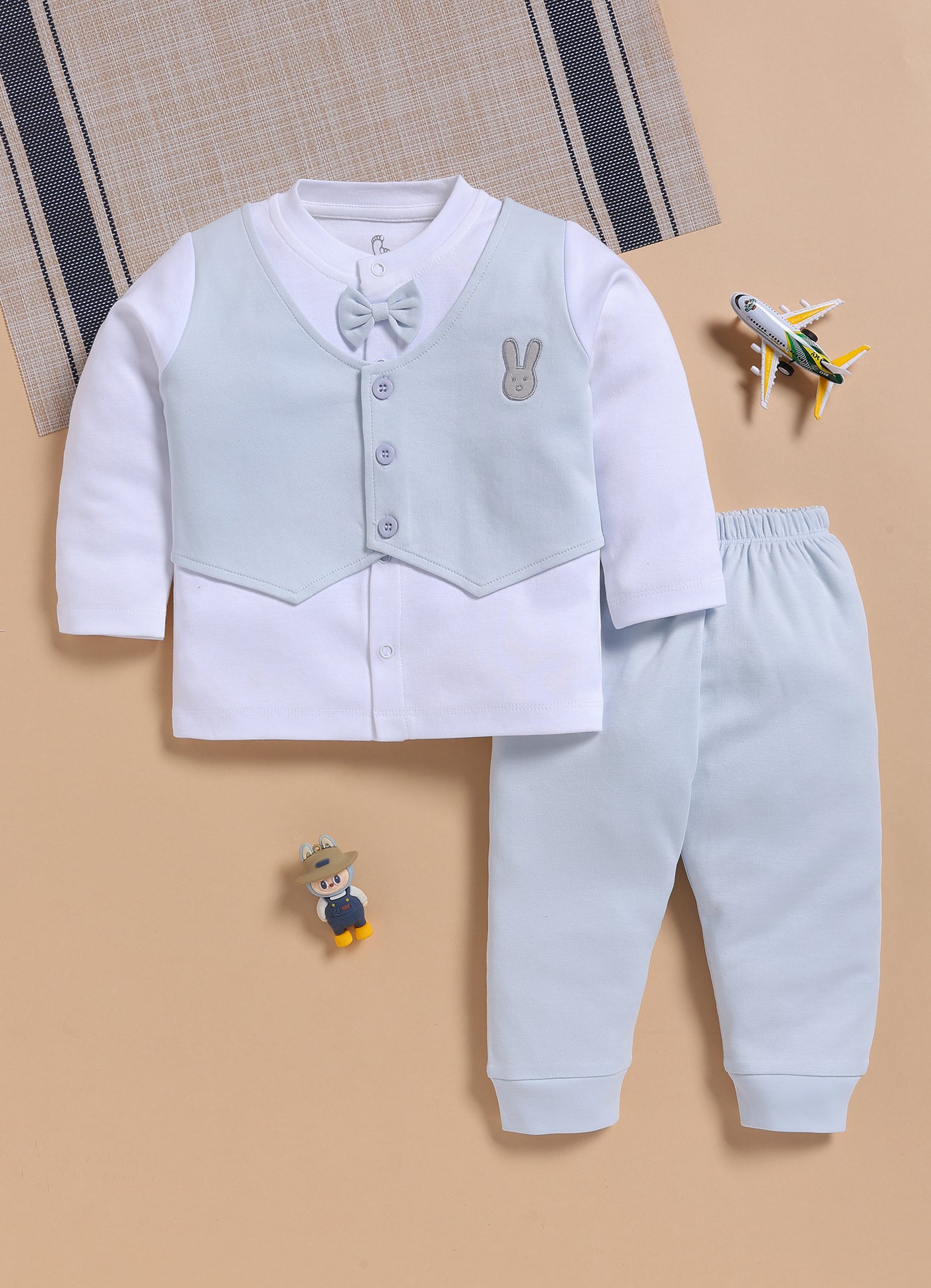Full-Sleeve Top & Bottom Set for Boys – Green Cyan with Jacket & Bunny
