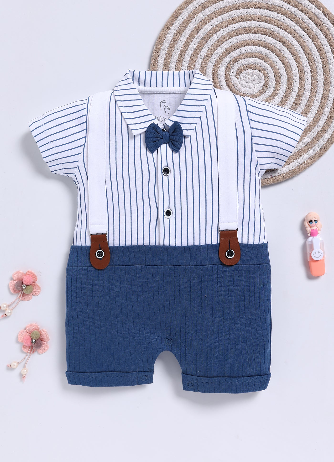 Half-Sleeve Romper for Boys – White Classic Suspender Style