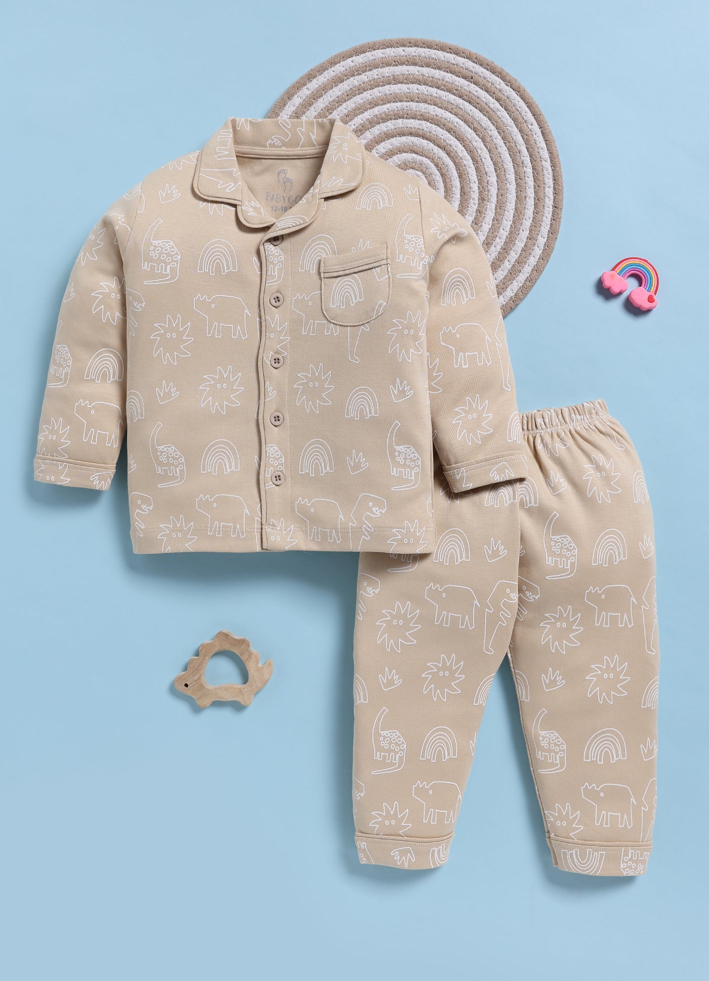 Full-Sleeve Nightsuits for Boys - Beige Dino World