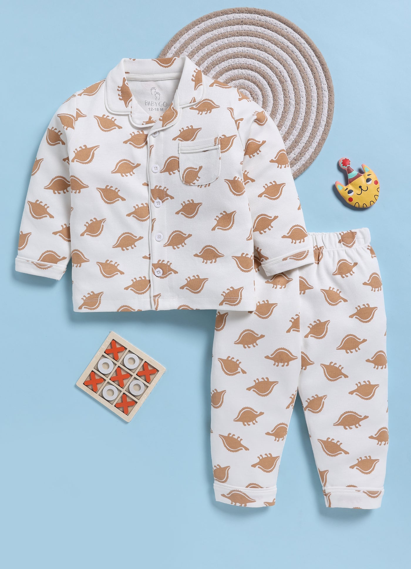 Full-Sleeve Nightsuits for Boys - Beige Small Dinos