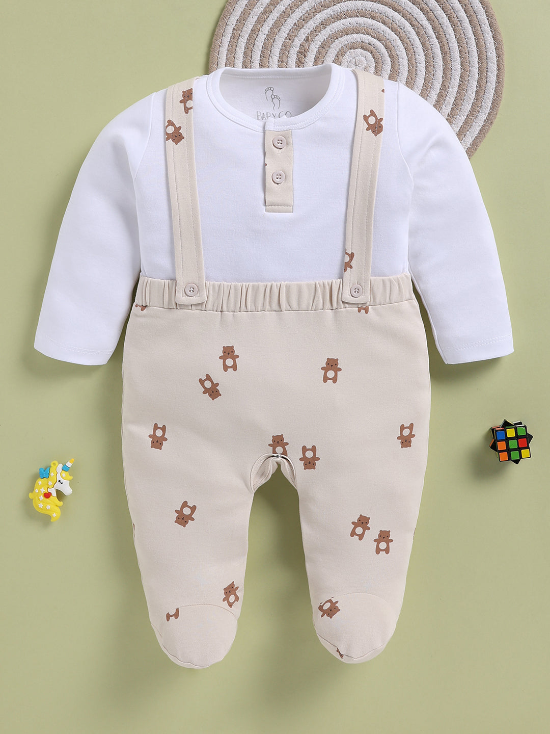 Full Sleeve Romper for Boys – Cream Bear Print Suspender-Style Footie